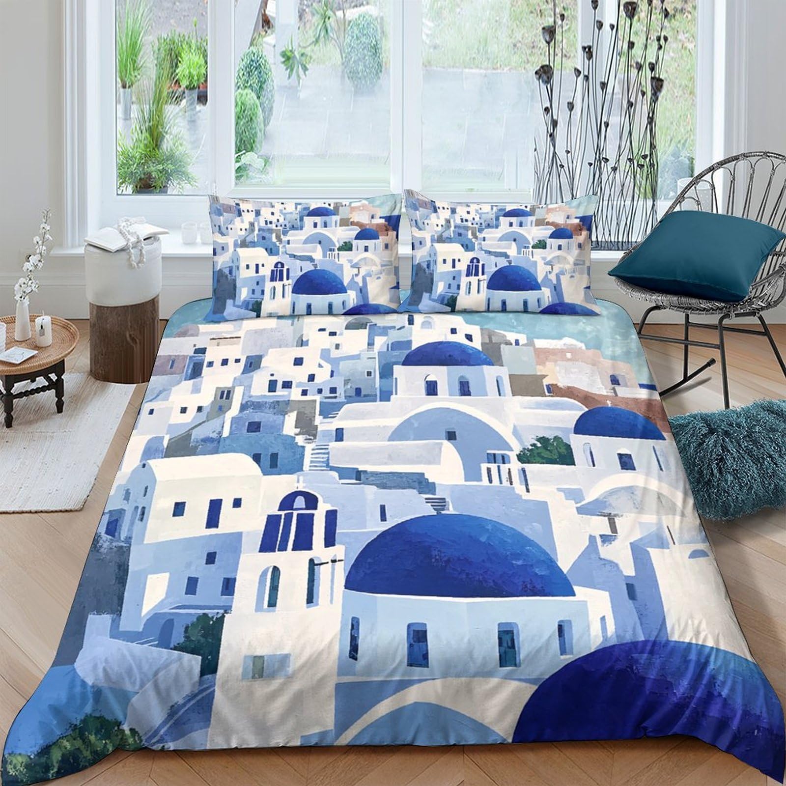 GPLZQXKJNH 3D Printed Santorini Blue Dome Duvet Cover Microfiber Soft Breathable Greek Village Bedding Set with 2 Pillowcases for Bedroom Decor Single（135x200cm）