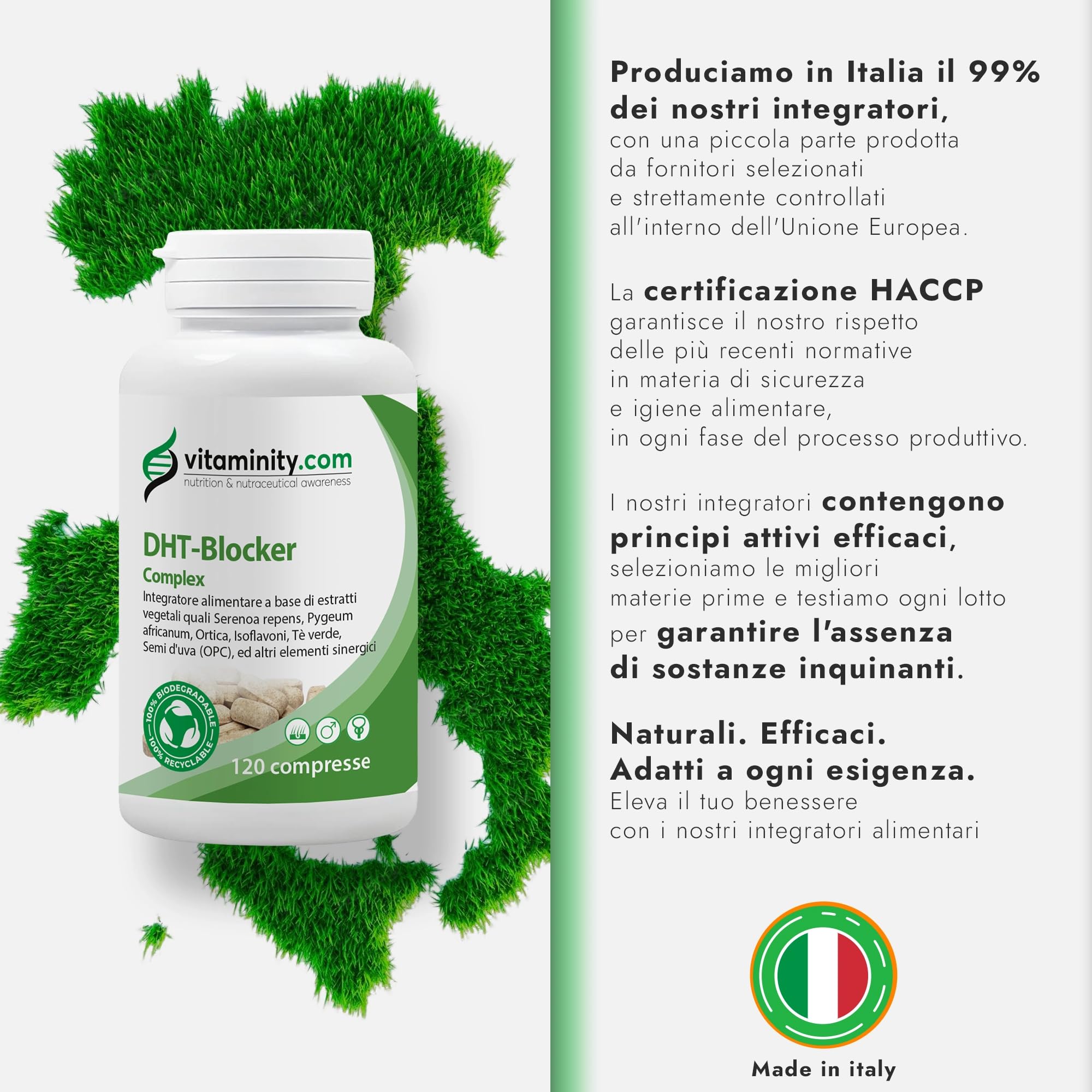 Vitaminity DHT Blocker - Integratori per capelli con serenoa repens e ortica 120cpr gastroprotette, Anticaduta capelli donna e uomo, anti DHT, Constrasta la Caduta - Made in Italy