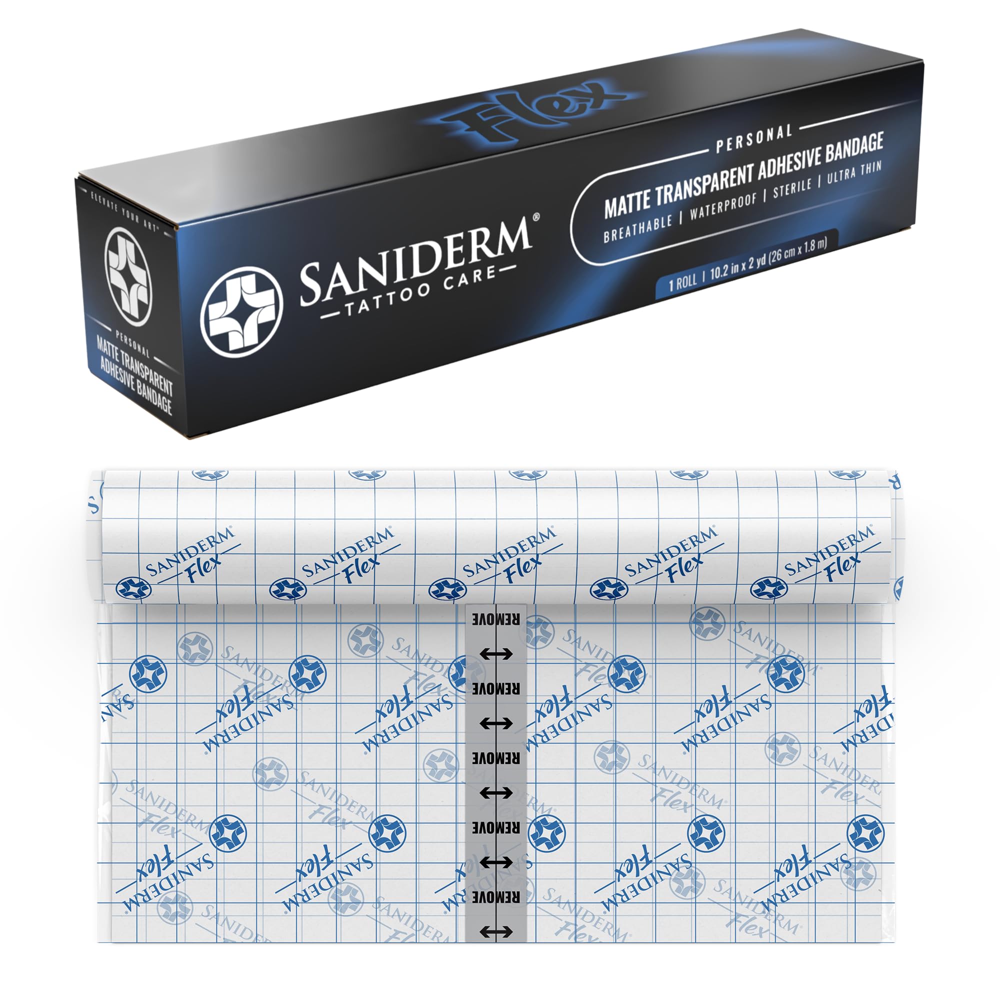 Saniderm Flex Tattoo Aftercare Bandage (New) (Personal Roll, 10.2 in x 2 yd) – Faster Tattoo Healing and Protection – Sterile, Waterproof, Flexible,