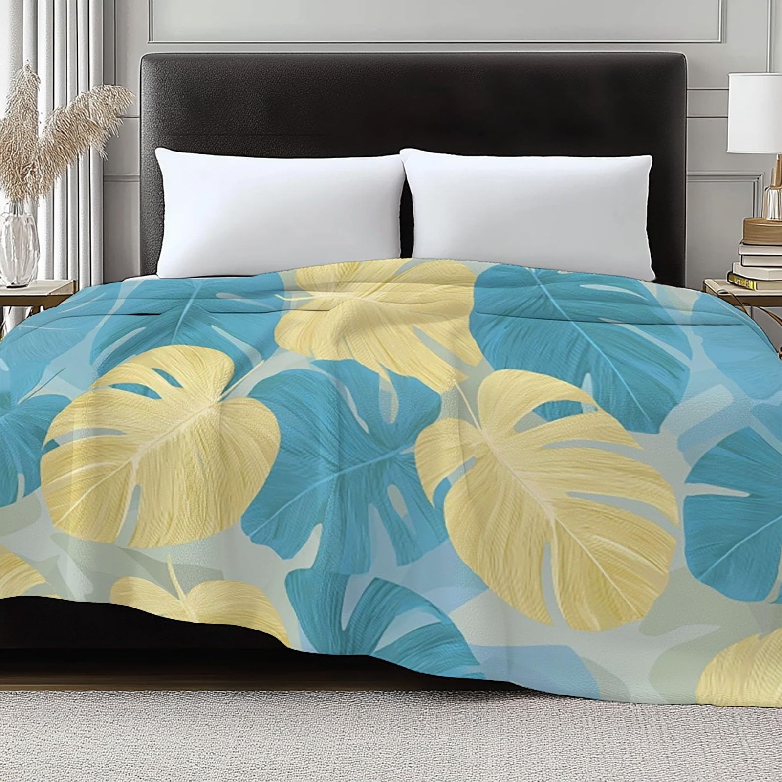 Coperta Plaid Pile in Flanella 180x220 cm Coperta Pile Piccola Monstera Foglie Azzurro, Morbida Soffice Calda Coperte per Divano Singolo Matrimoniale Letto Grigio