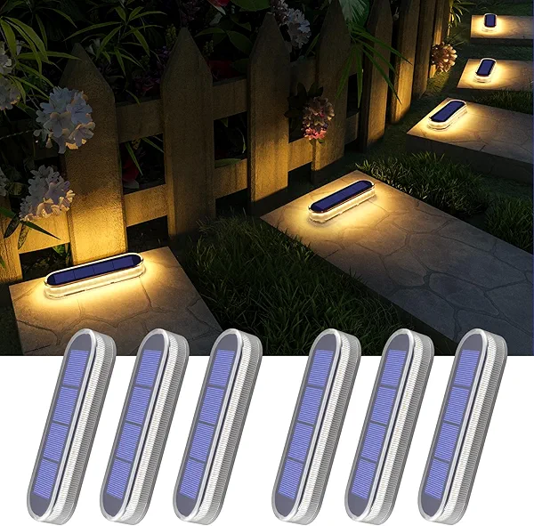 YiLaie Solar Stair Lights Outdoor Waterproof, Stick on Solar Strip Lights Auto ON/Off, Small Step for Outside Dock Driveway Mailbox Deck Solar Powered Warm White (6 Pack)