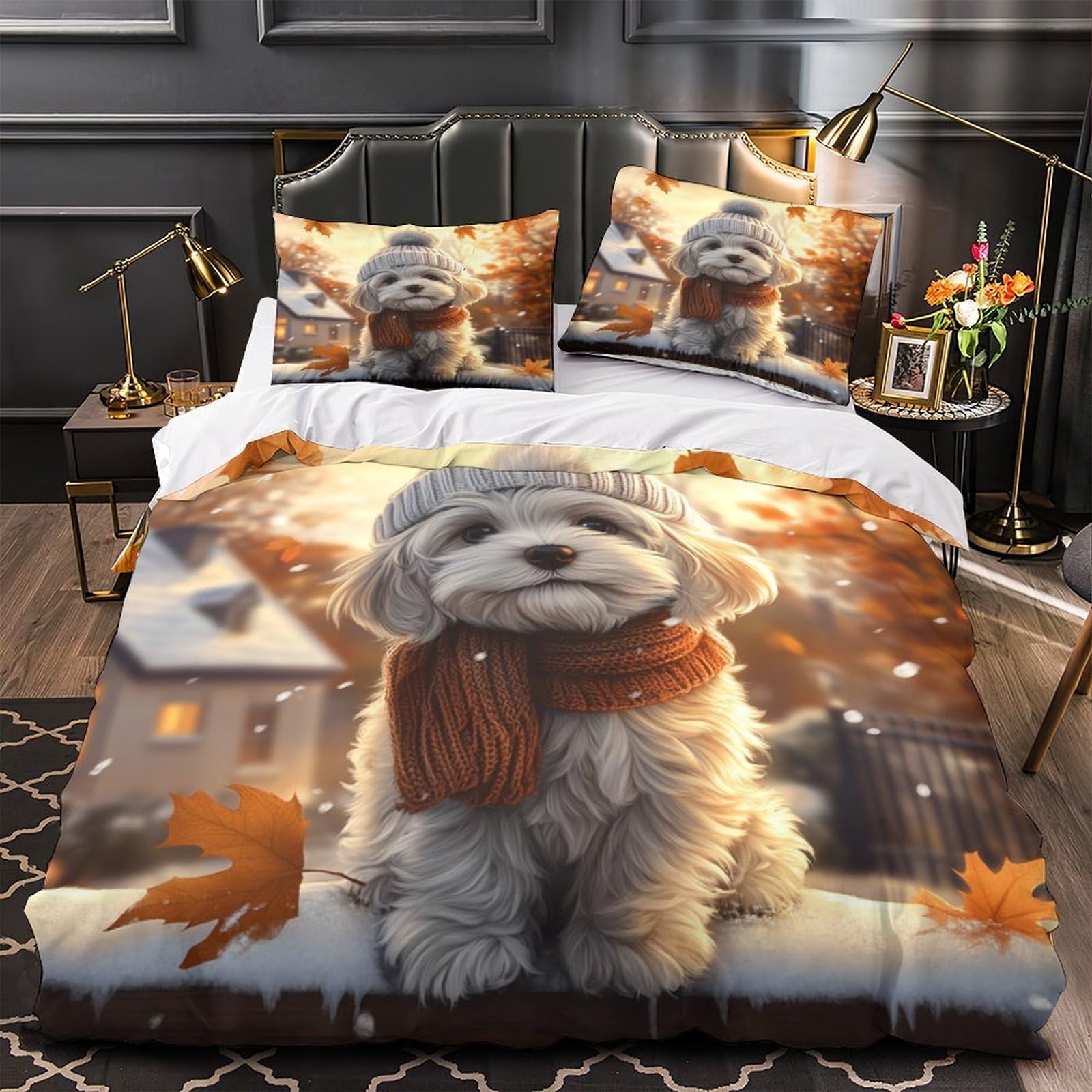 Housse de couette chien mignon 200x200 avec 2 taies d'oreiller en microfibre pour lit double