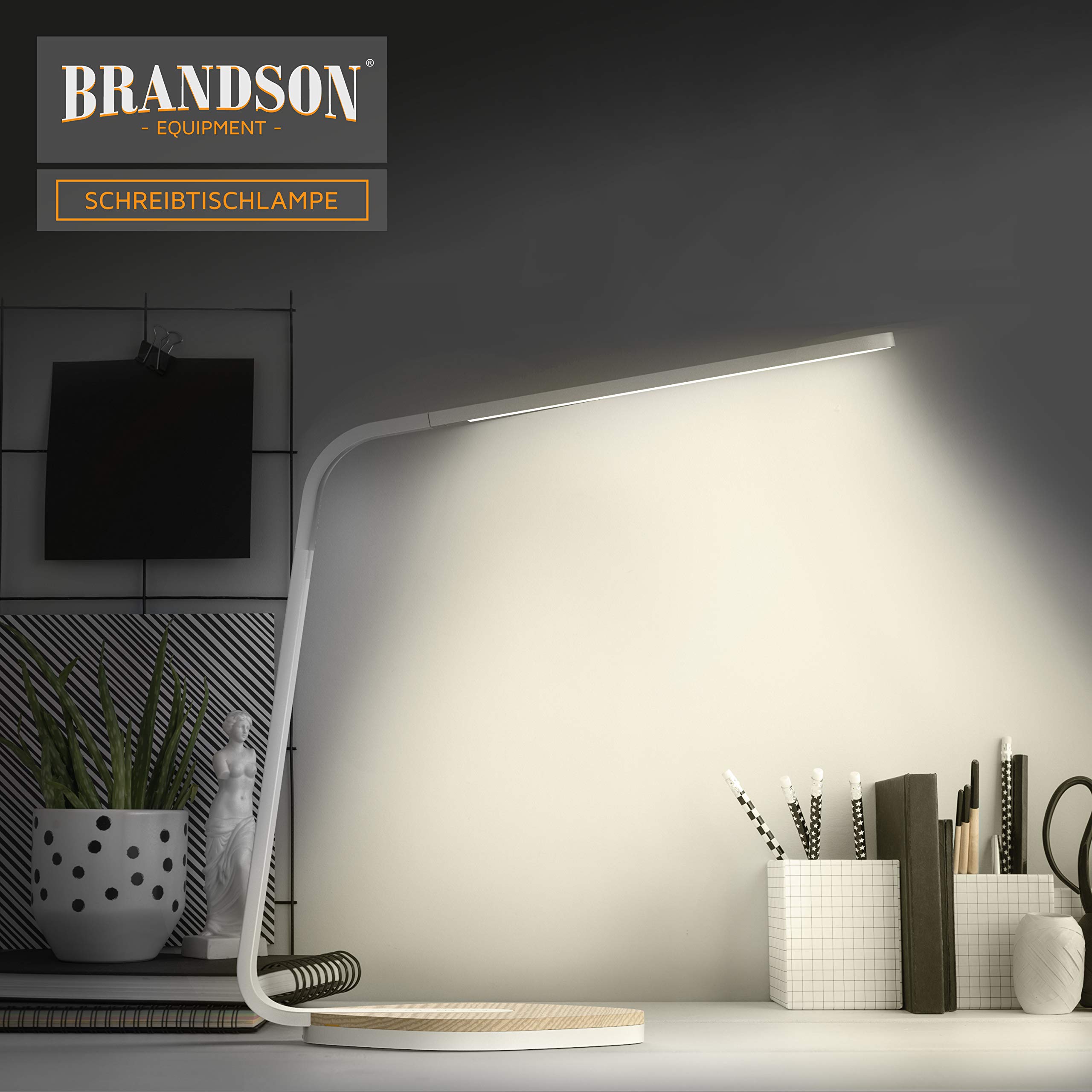 Brandson - LED Schreibtischlampe Holz - Dimmbare Tischleuchte mit 5 Helligkeitsstufen – 3 Lichttemperaturen - Augenschonend – 450 Lumen - Sensor Touch – Büro Lesen Studieren - Weiß