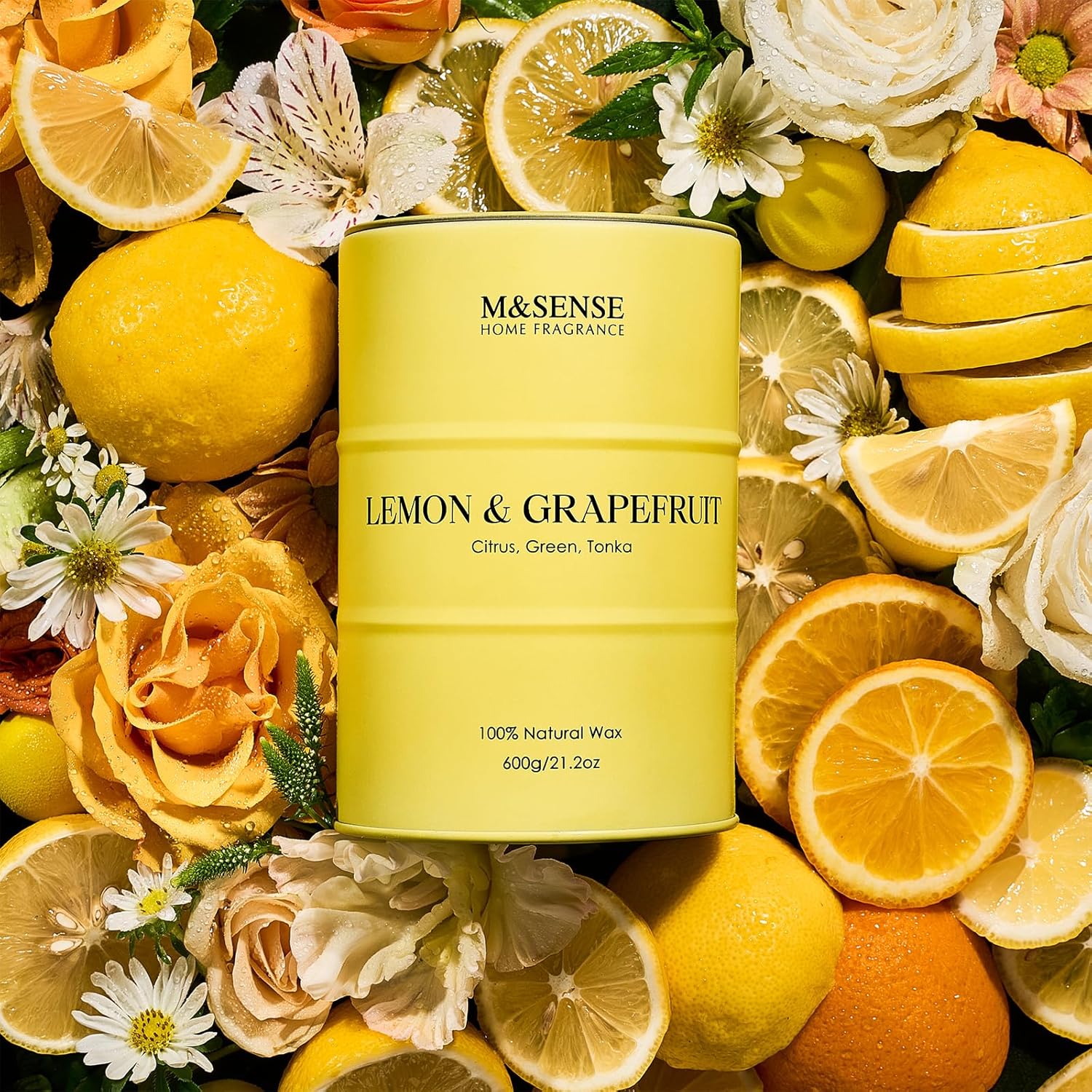 M&SENSE Lemon Candle Large for Home Scented, Lemon Soy Candles 21.2oz 120 Hour Slow Burning, Highly Scented Limoncello Grapefruit Citrus Candles for Bathroom, Fresh Smelling Candle 21.2 oz Lemon Grapefruit
