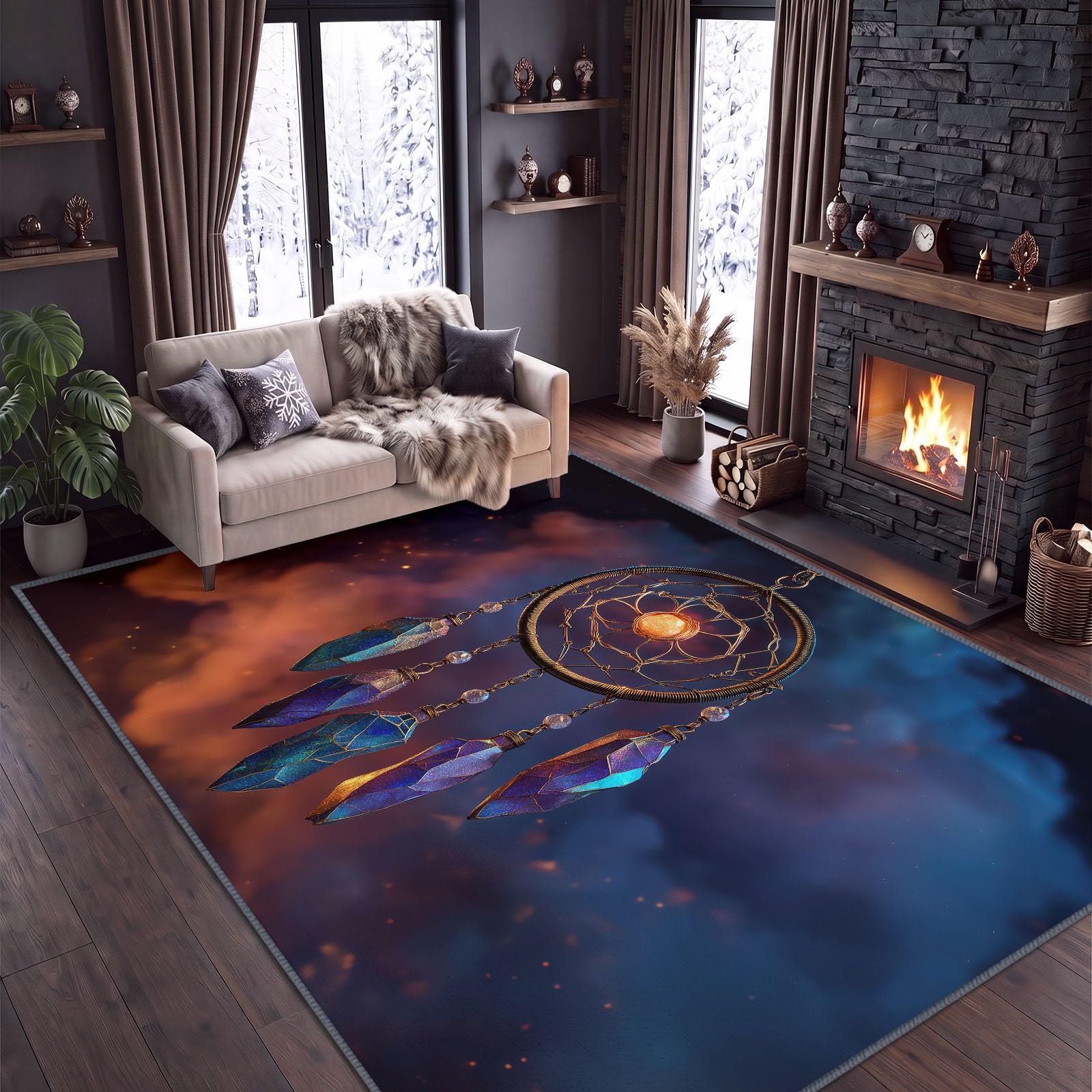 Weicher Kurzflor Fantasy Sternenhimmel Teppich 120x170 cm, Sci-Fi Universum Boho Traumfänger Waschbarer Rutschfester Teppiche - Kuschelig Blauschwarz Teppich für Schlafzimmer Bettvorleger Flur