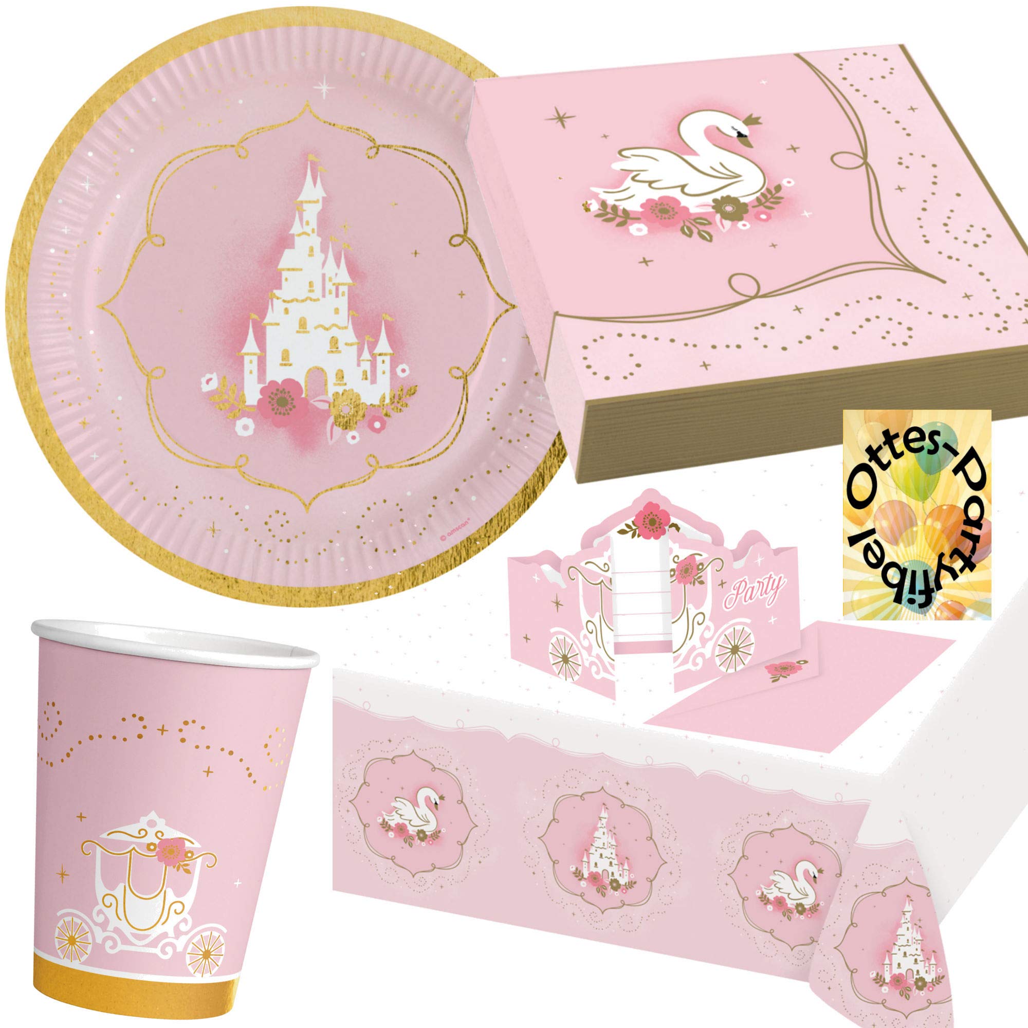 HHO Prinzessin-Party-Set Princess-Party-Set 66tlg. für 16 Gäste Teller Becher Servietten 2 Tischdecken Einladungen