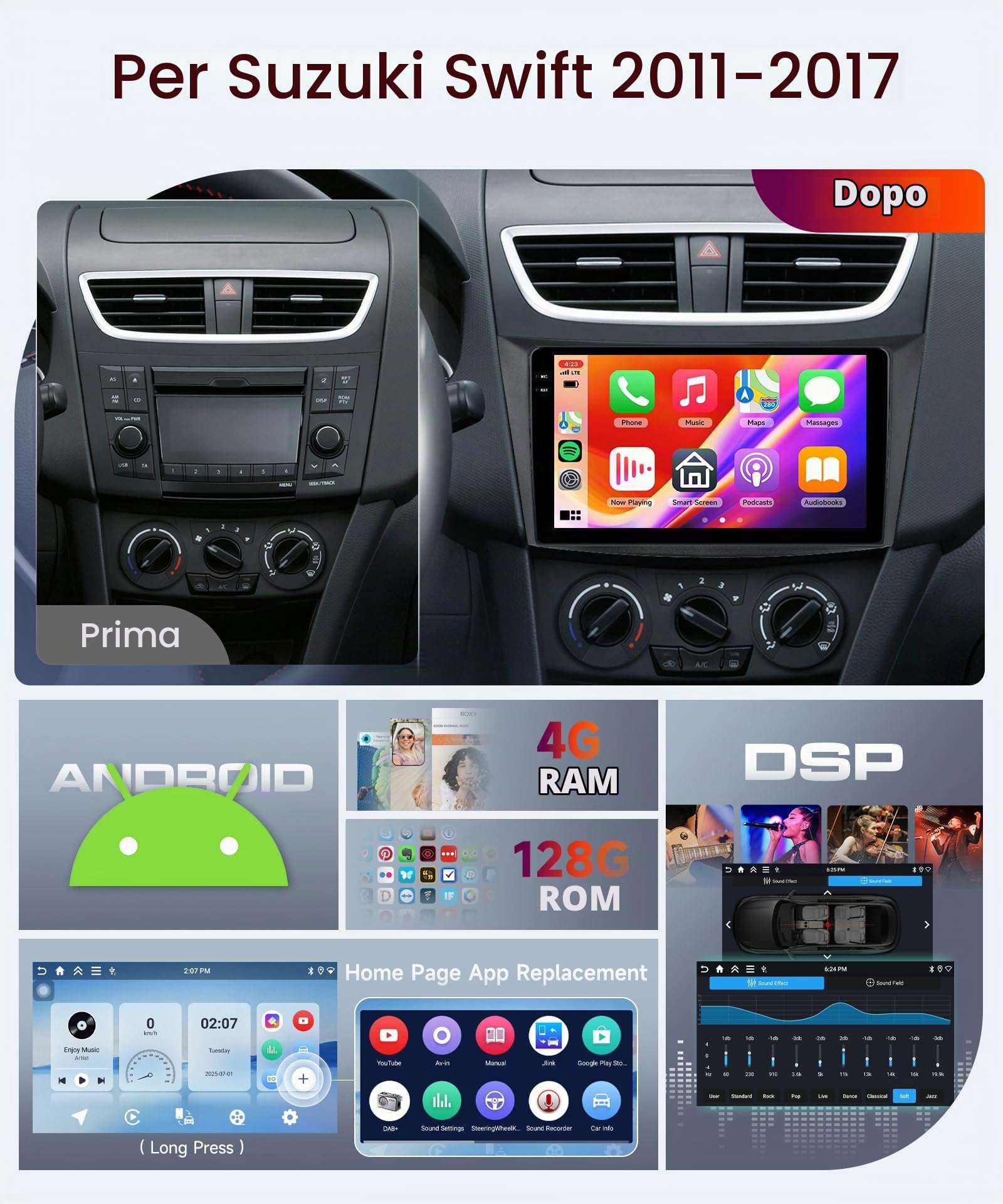 【4+128G】Hodozzy Carplay Autoradio per Suzuki Swift 2011-2017 Suzuki Ertiga 2012-2017, 9 Pollici Schermo In-Cell Stereo Auto Bluetooth 5.0 con Android Auto/EQ/GPS/Wifi/RDS/USB/SWC/DSP