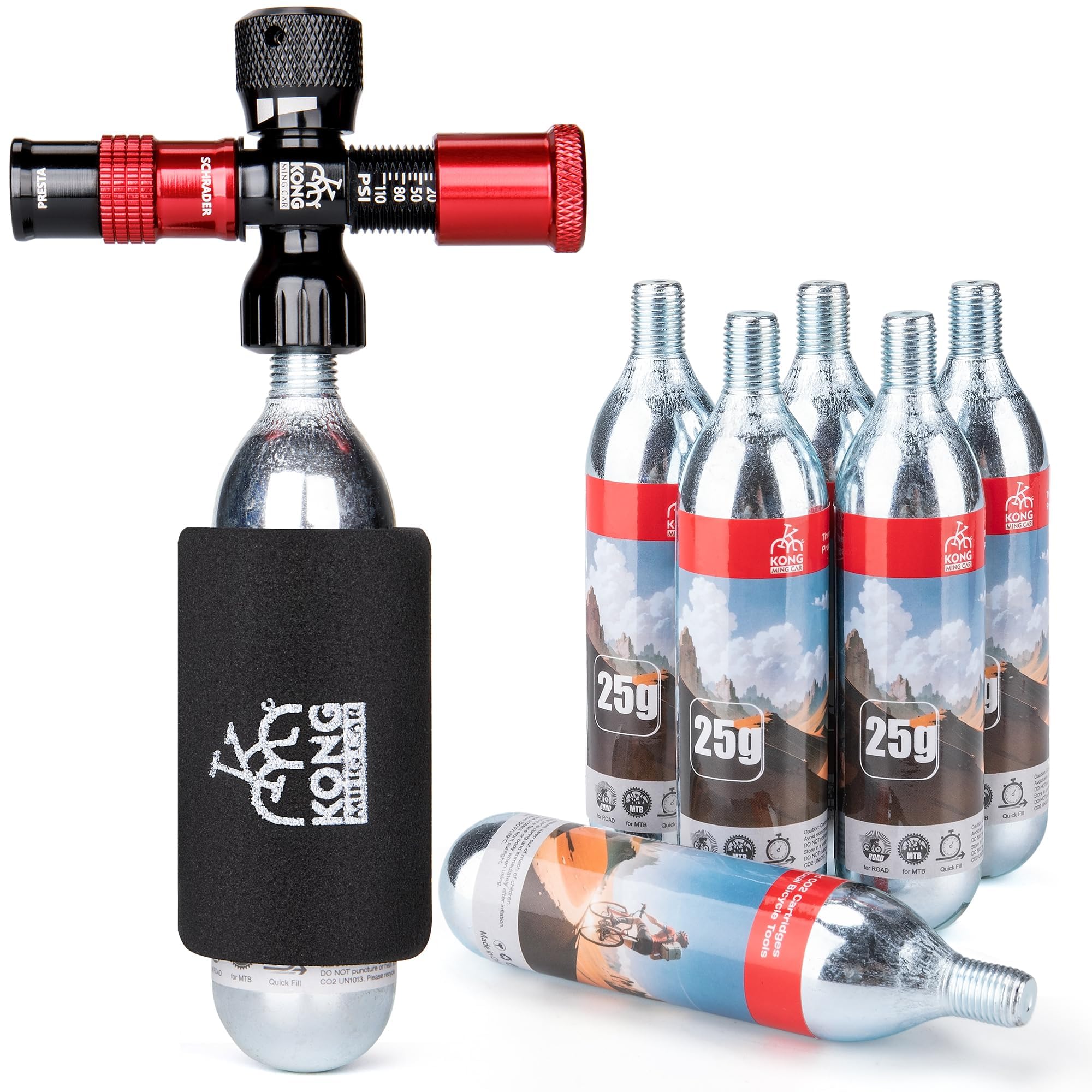 CO2 Inflator Kits with 6 X 16g / 25g CO2 Threaded Cartridges for Bike Tires, Presta and Schrader Valve Compatible, CO2 Bike Tire Pump for Mountain and