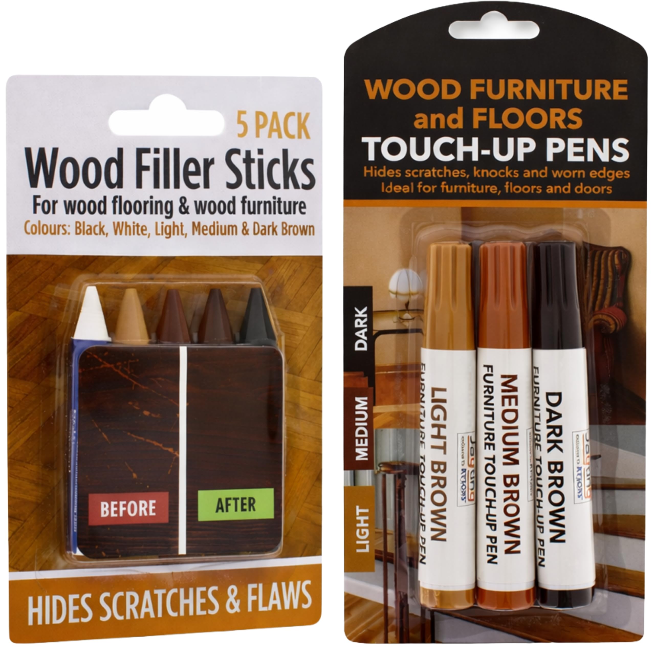Kanta Assorted Brown Shades, Black, White Wood Repair Kit With Filler Sticks And Touch-Up Pens Assorted Colours For Covering Scratches, Stains & Scuffs On Furniture, Floors, Tables, Doors - Carpenter Touch Up Set (Wood Filler And Touch-Up)