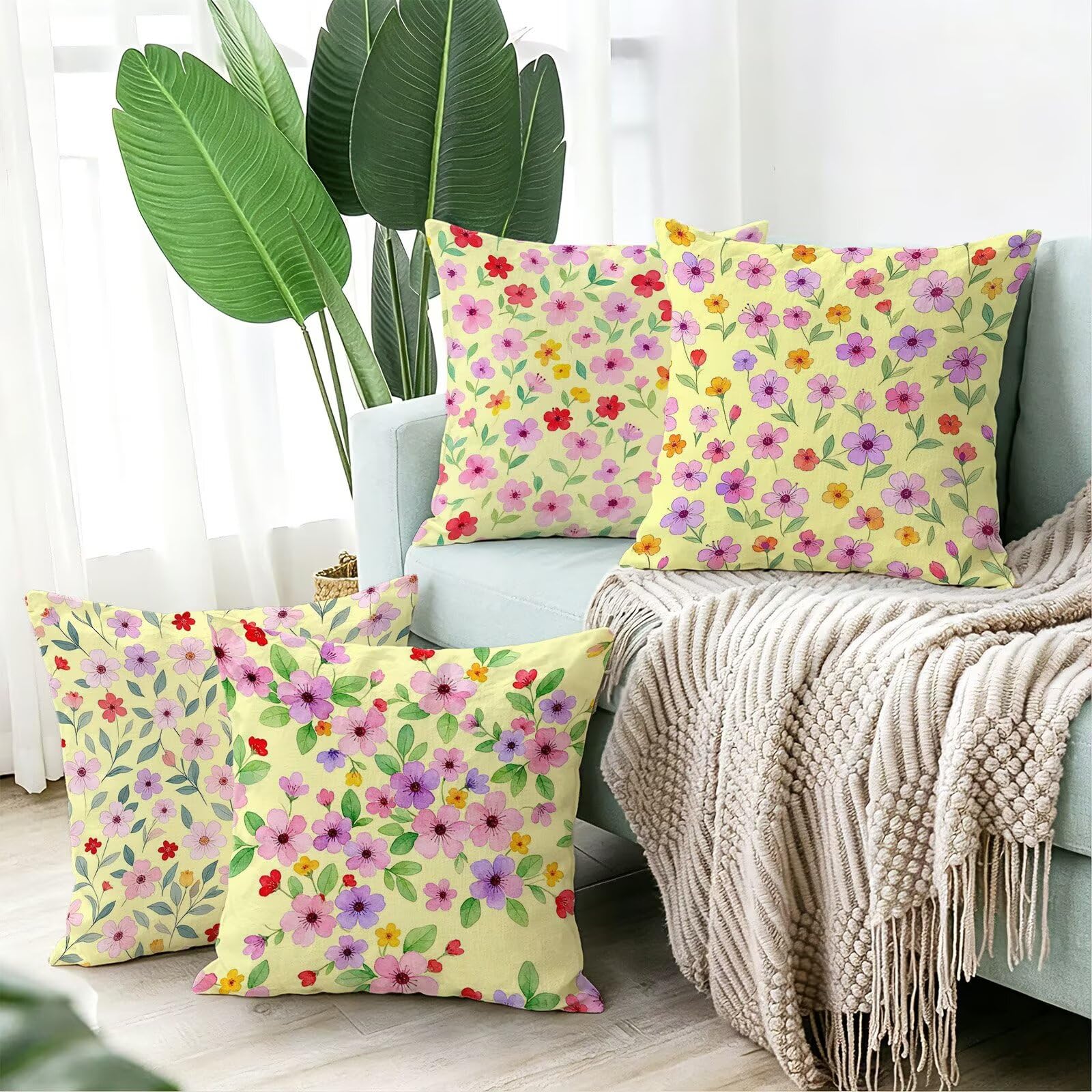 Giallo Federe Cuscini Divano 60x60cm, Cuscini da Esterno Set de 4, Cod-164 | Lin Copricuscini Decorativi Letto Arredo, per Letto, Soggiorno, Giardino, Esterno, Casa Decorazione Set di 4 Piccolo Fiore