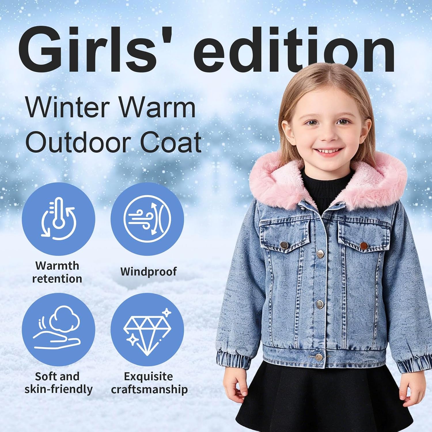 Girls Pink Fluffy Hood Fleece Lined Warm Denim Jacket for Toddler Girls 2-8Y
