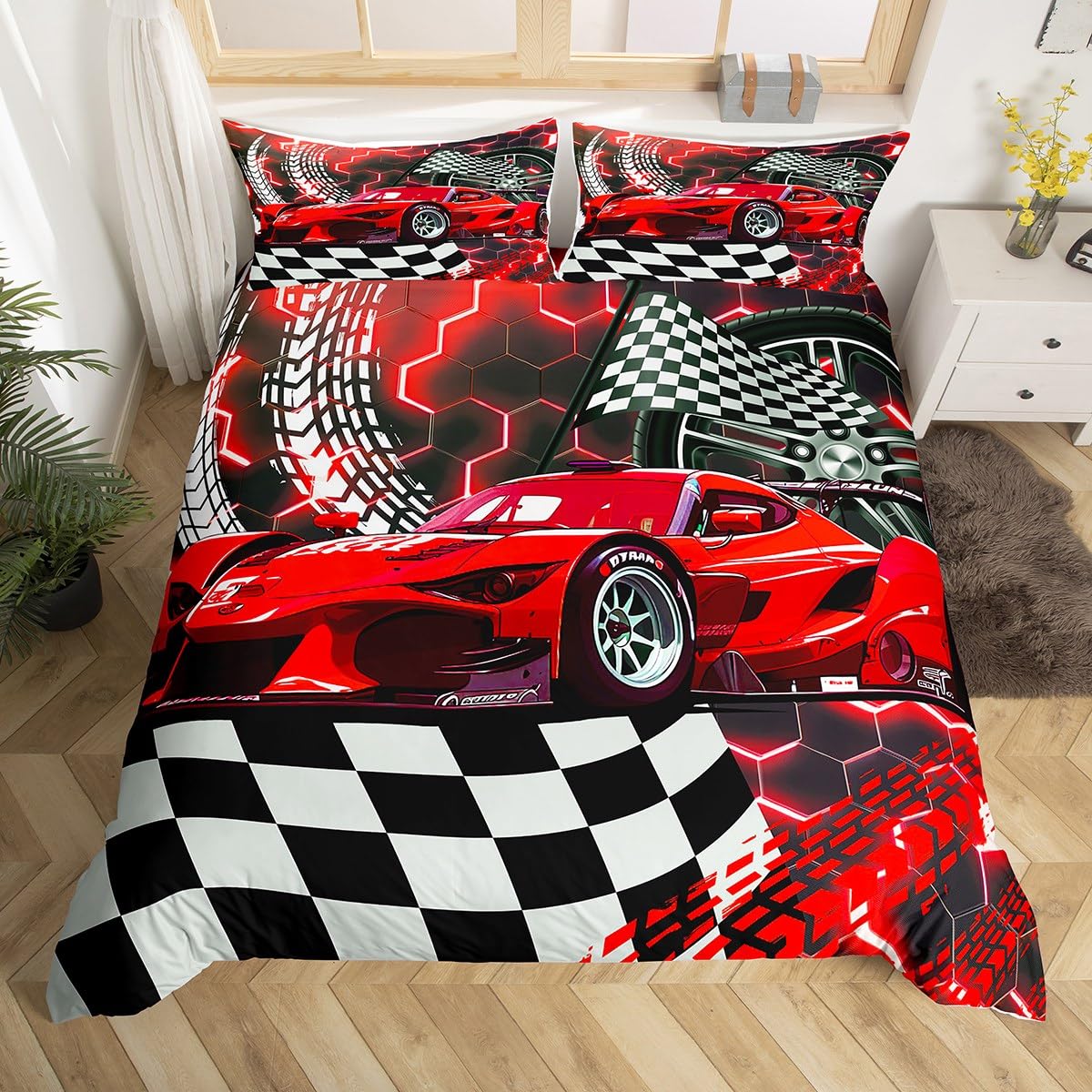 Homewish Racing Car Single Bedding Sets for Kids Boys Girls, Extreme Sports Car Duvet Cover Set 2 Pieces, Red Honeycomb Printed Quilt Cover, Black And White Checkered Bed Set, Black Reversible — image 1