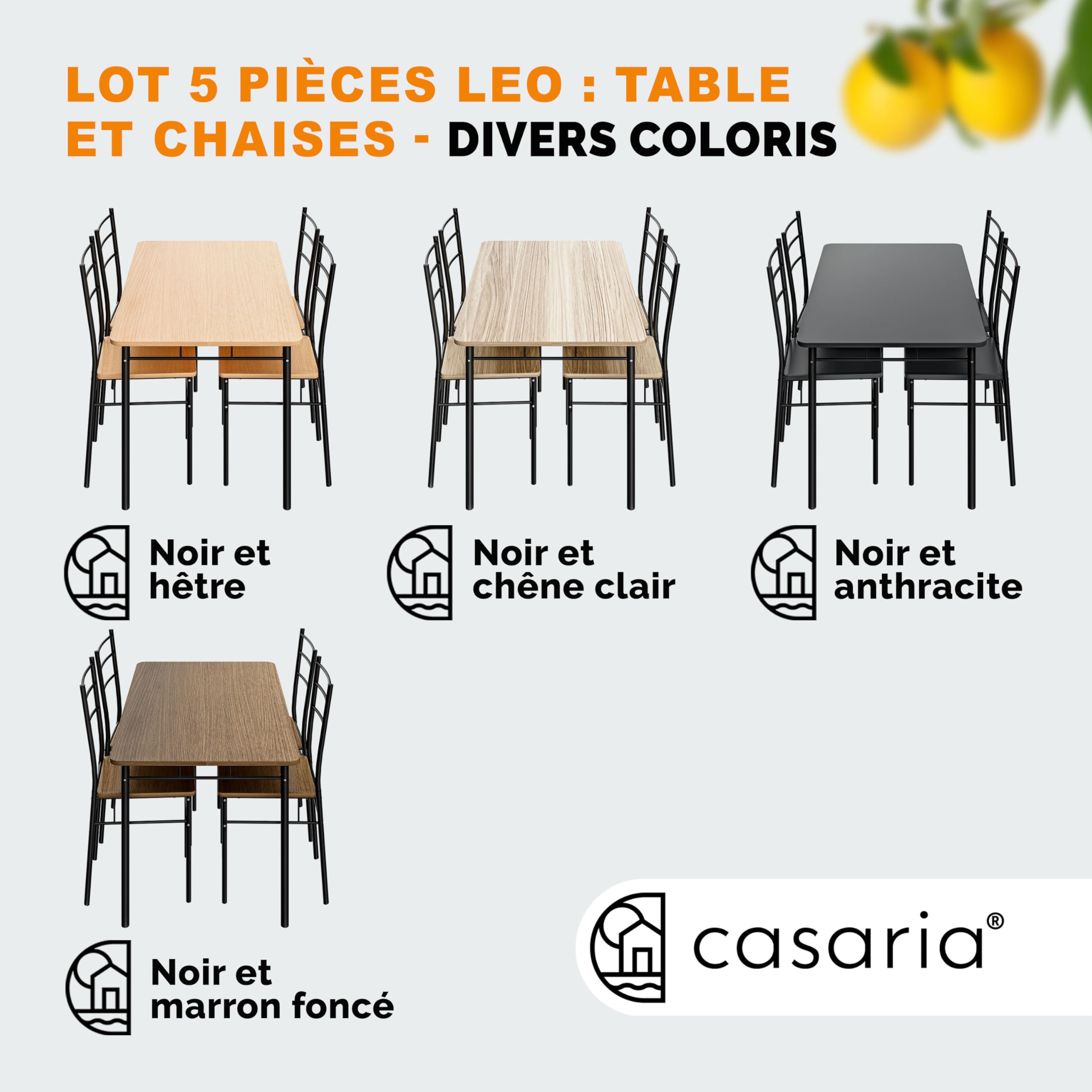 Casaria® Ensemble Leo Table avec 4 chaises chêne Clair MDF métal laqué Ensemble 5 pièces pour Salle à Manger Cuisine