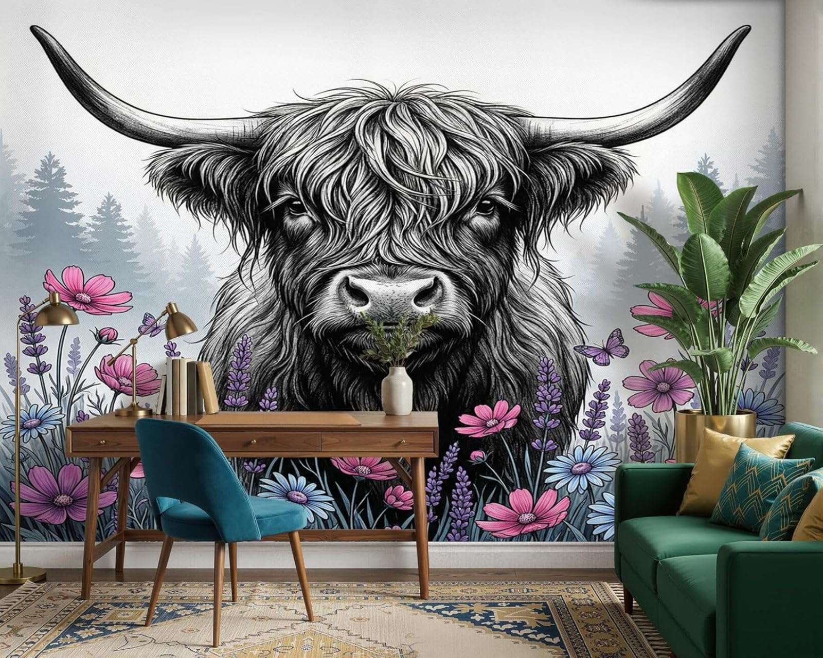 hgjdjhnf Photo Wallpaper Highland Cattle Animal Motif Black and White Non-Woven Wallpaper Modern Living Room Bedroom Children's roomdecoration Motif Wallpaper, 200cm x 140cmsticker - Background wal