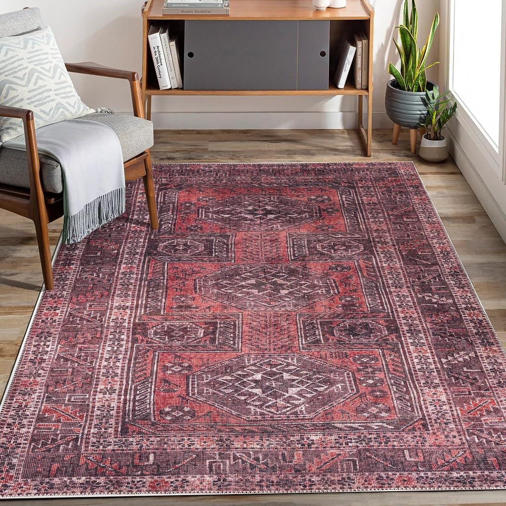 Adiva Rugs Machine Washable 5x7 Area Rug with Non Slip Backing for Living Room, Bedroom, Bathroom, Kitchen, Printed Vintage Home Decor, Floor Decoration Carpet Mat (RED/Brown, 5' x 7') 5' x 7' Red/Brown 41