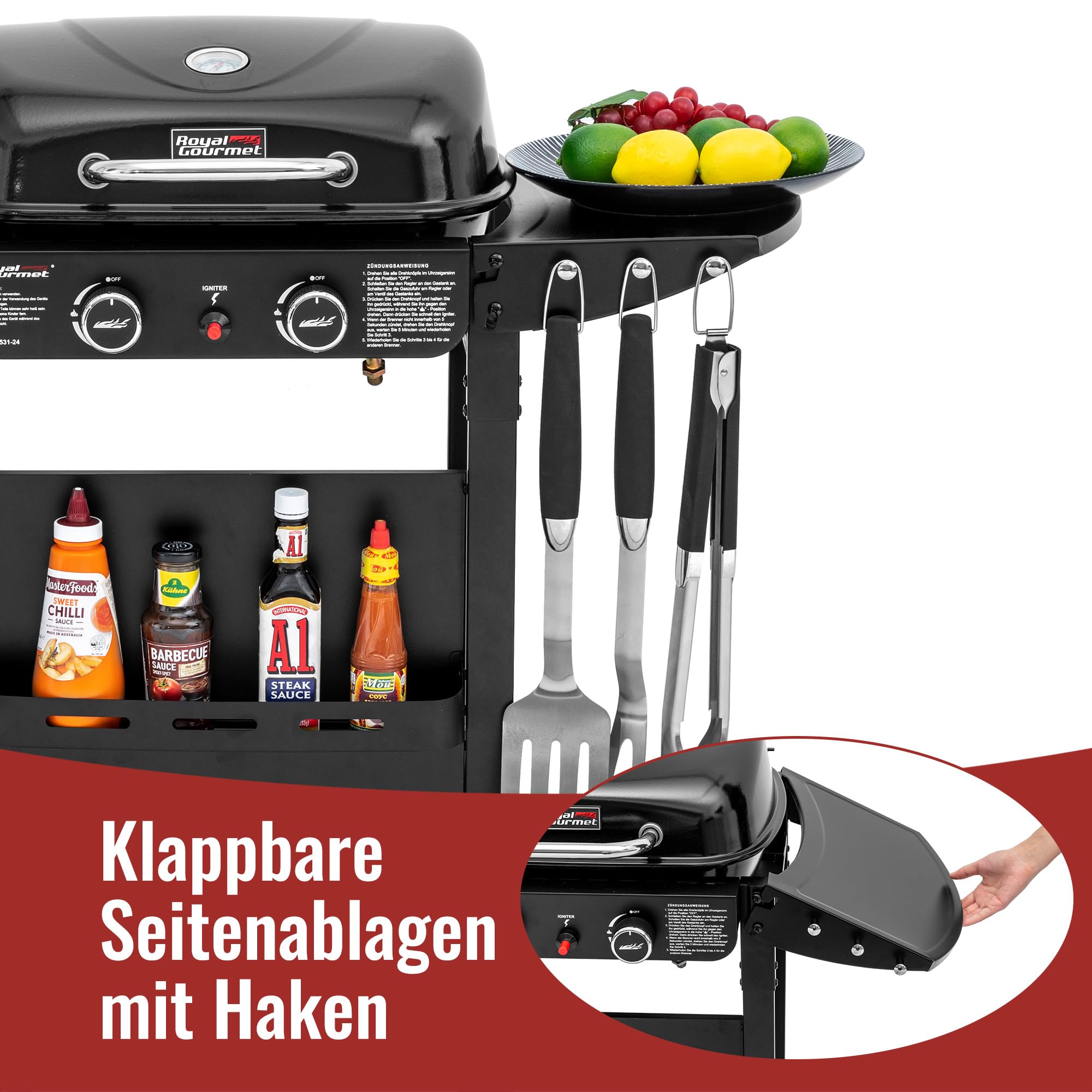 Royal Gourmet 2-Brenner Gasgrill und Griddle Combo, 2 IN 1 Grillwagen mit abklappbare Seitenablagen, Ablagekorb, 5 kW Campinggrill für Garten Schwarz