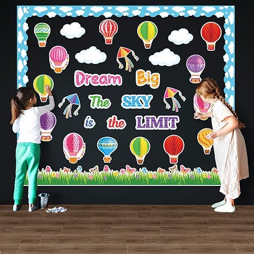 Miniatura 6 de Pajean Juego de 66 tablones de anuncios Dream Big The Sky is The Limit, globos aerostáticos, bordes de nubes, panales 3D, primer día de escuela,