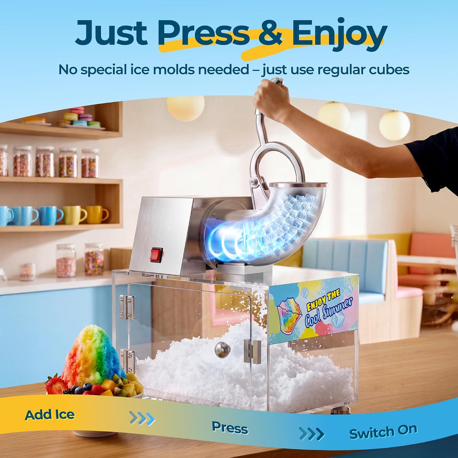 Snow Cone Machine - Electric Ice Shaver for Home, Fast Ice Crusher with Stainless Steel Blades,Easy One-Button Operation,Perfect for Kids,Parties and Summer Drinks