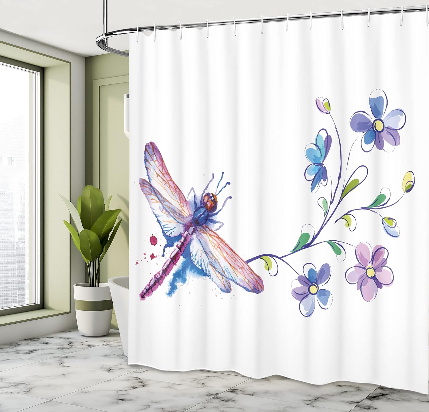 Ambesonne Dragonfly Shower Curtain, Watercolor Bug Butterfly Like Moth with Branch Ivy Flowers Lilies Art, Cloth Fabric Bathroom Decor Set with Hooks, 69" W x 70" L, Purple Green