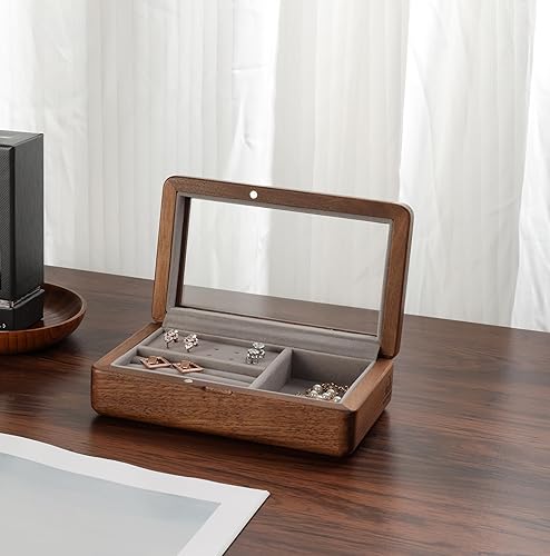Miniatura 6 de Caja de almacenamiento de joyería de nogal con tapa de vidrio, organizador de joyas de madera multifuncional, interior de terciopelo suave, caja de