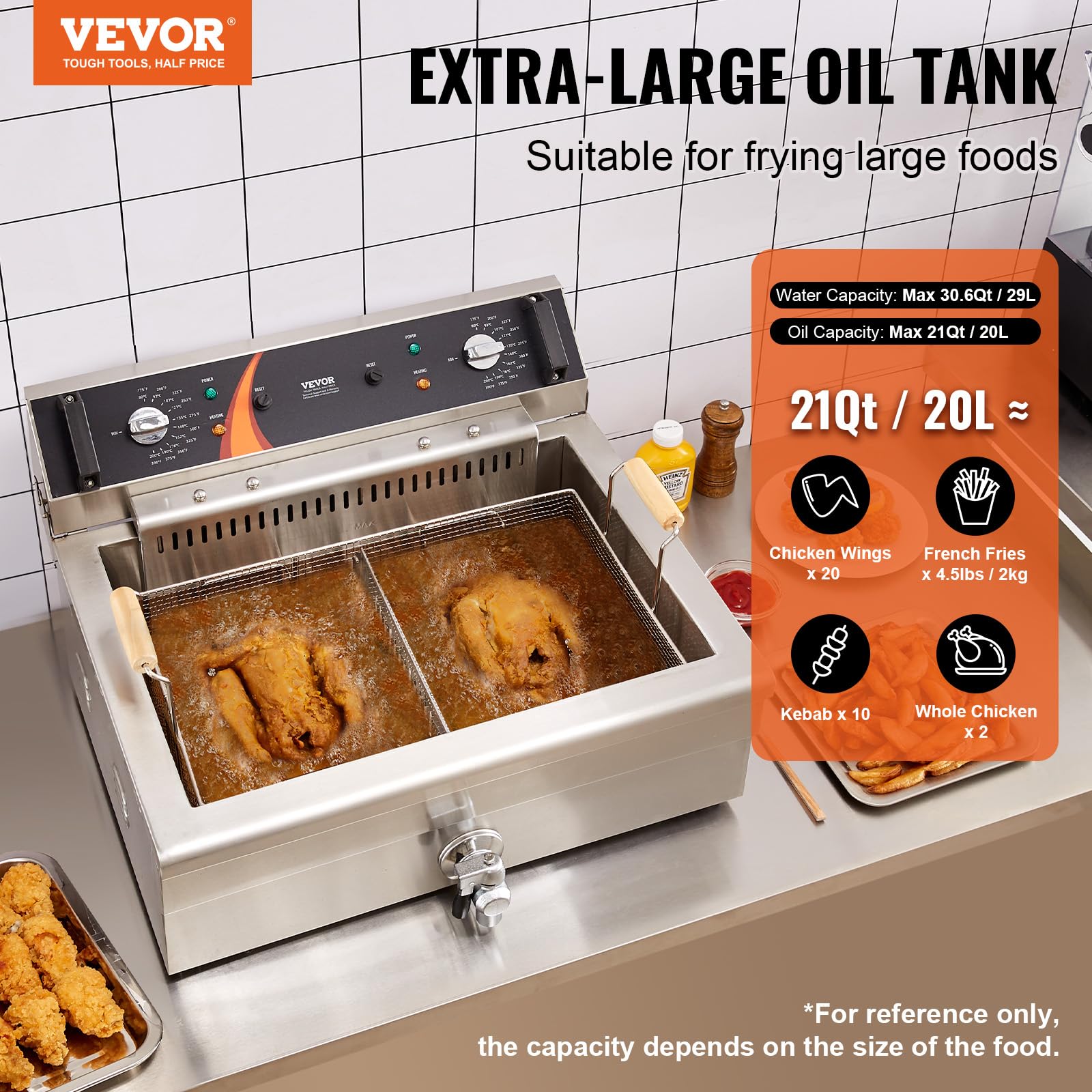 VEVOR Friteuse commerciale 2250 W, friteuses à bain d'huile électrique avec panier, en acier inoxydable, grande capacité 20 L pour cuisine, restaurant, café, température réglable 80-200 °C, argenté