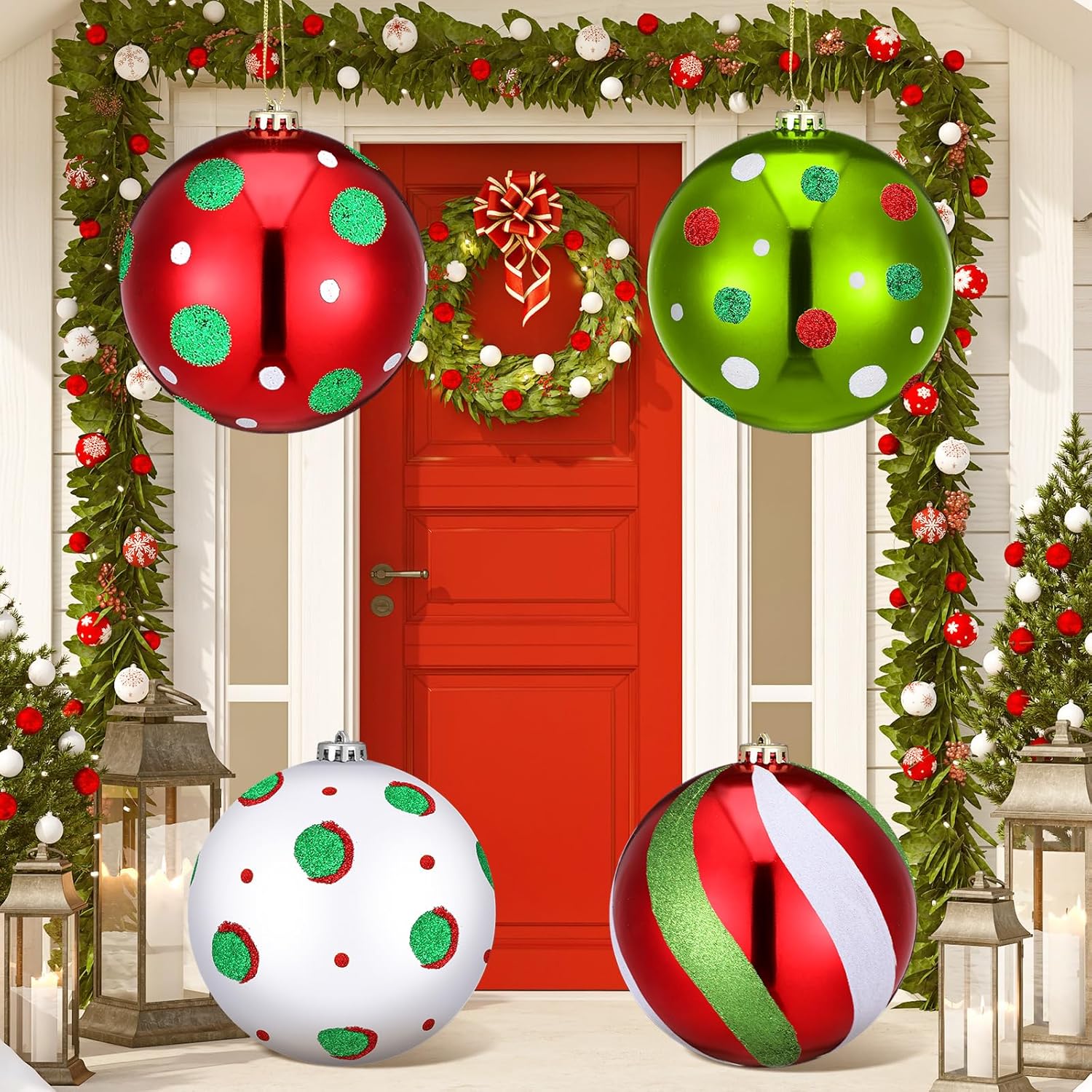 Outus 4 Pcs 5.9 Inch Large Christmas Ball Ornaments Glittering Hanging Tree Decorations Giant Red White Lime Green Shatterproof Outdoor Christmas Decorations for Xmas Party Lawn Yard Garden