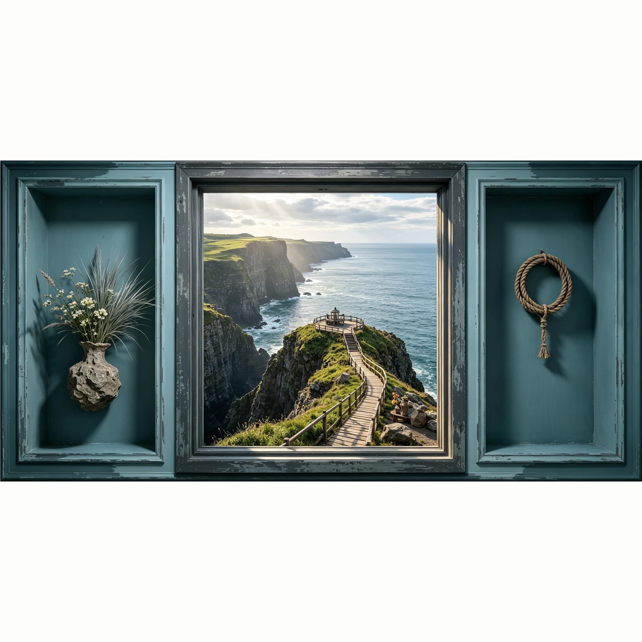 QZLITHOTIC 50x100cm 3D Framed Wall Art， Coastal Cliff Landscape Ocean View Path SelfAdhesive Mural， WaterActivated Peel & Stick Fabric Decor Wall Decal for Bedroom Living Room