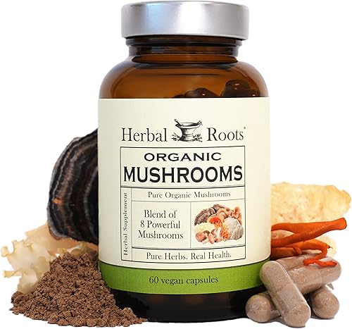 Herbal Roots Cápsulas de suplemento de hongos Mezcla de 8 hongos orgánicos Cola de pavo, melena de león, shiitake, cordyceps, reishi, chaga,
