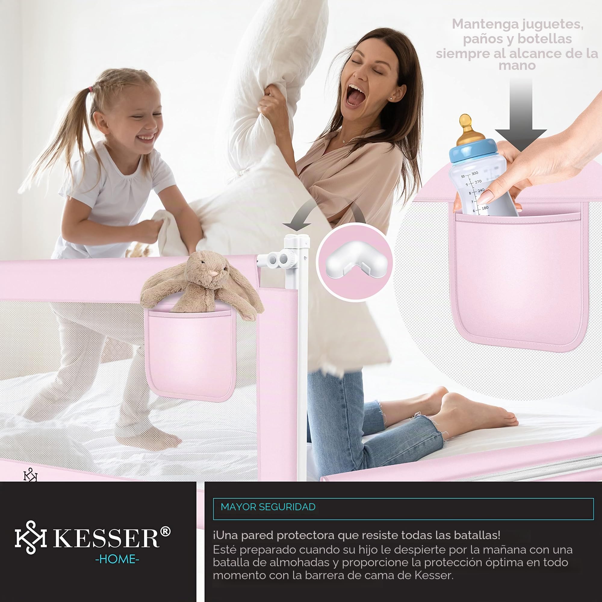 KESSER® Barrera de Cama de 180cm, para niños, Plegable, para Cuna, Cama Infantil, Protección contra Caídas, Cama y Cama con somier Alto: 72 hasta 96 cm, Rosa