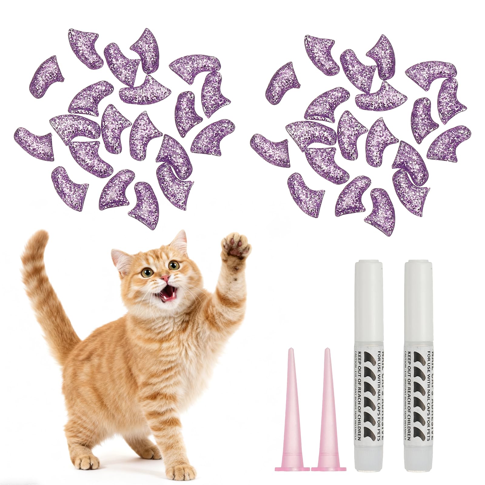 Cat Nail Caps, Cat Claw Covers with Adhesive Glue and Applicators, Kitten Claw Caps Soft Paws, (40 Pcs, XS, Crystal Lavender), Intended for Pet Tips/Nail Covers/Control Paws