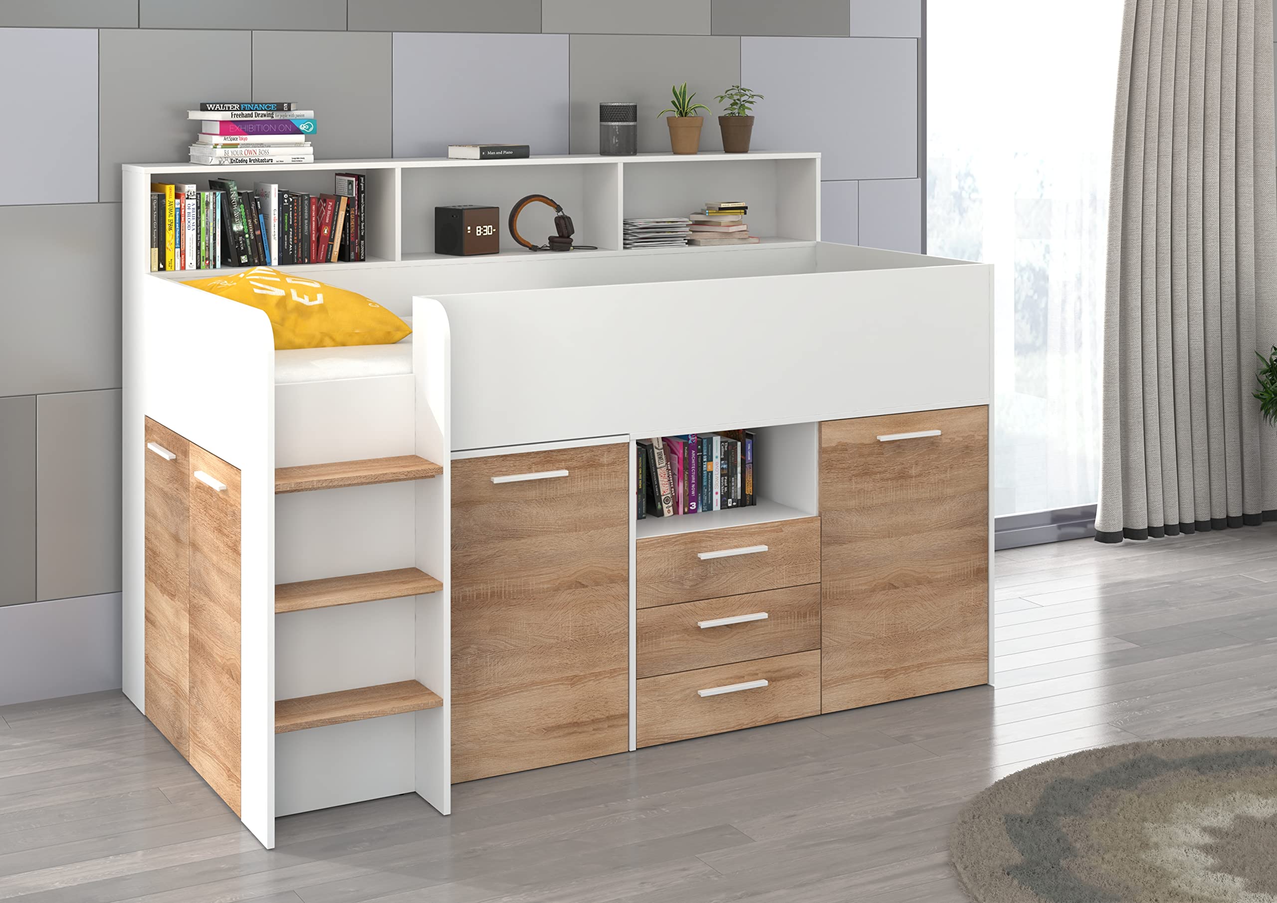 BIM Furniture Lit superposé NEO L pour enfant, ensemble de meubles pour chambre d'enfant, 1 lit avec bureau, étagères, tiroirs: côté gauche
