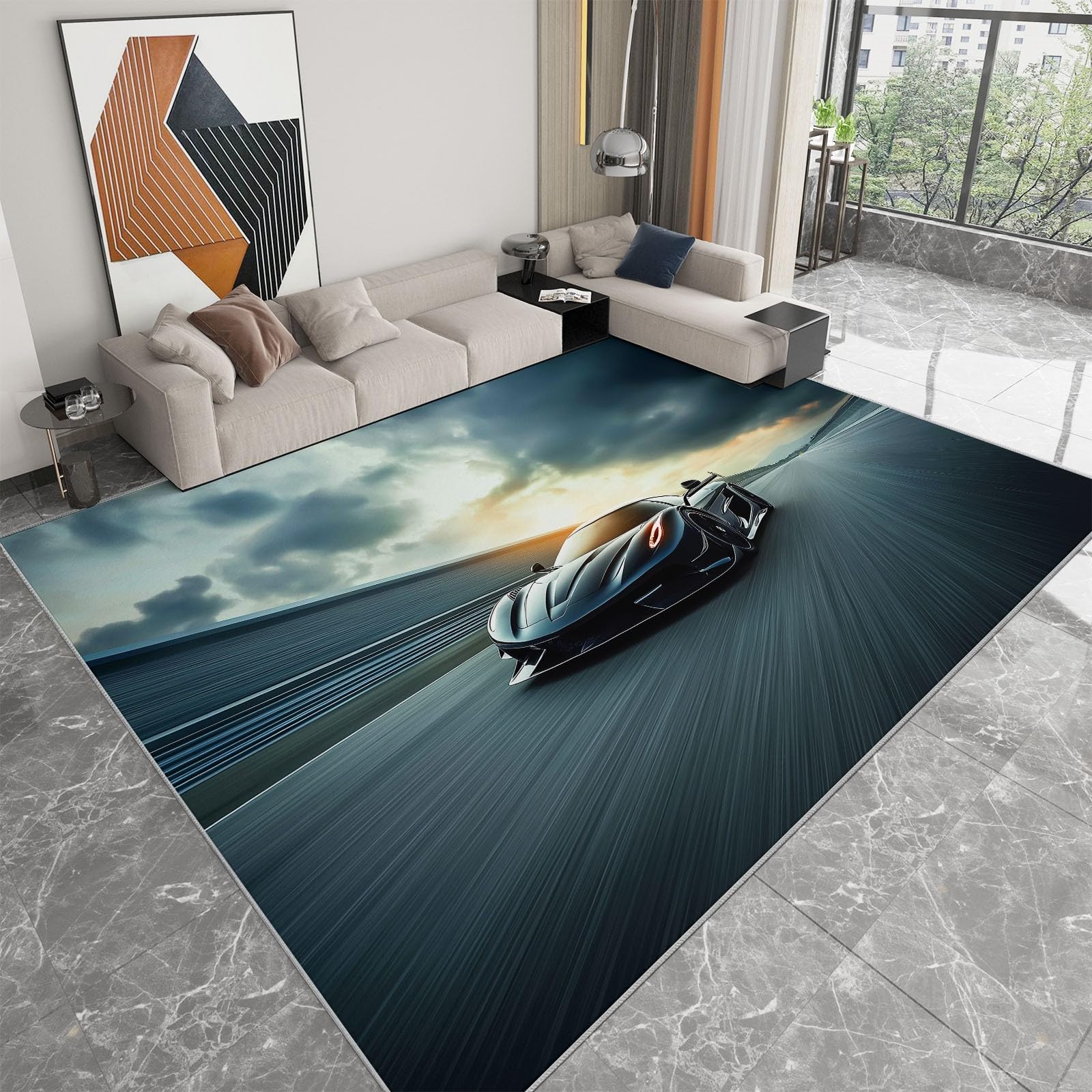 Tapis salon lavable gris 140x200 cm avec motif voiture sport pour chambre et salle a manger
