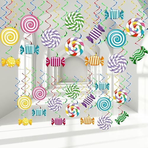 48 piezas Candyland Decoración de remolinos de fiesta de cumpleaños Feliz Navidad Colorido Candy Land Serpentinas colgantes de pared techo espirales