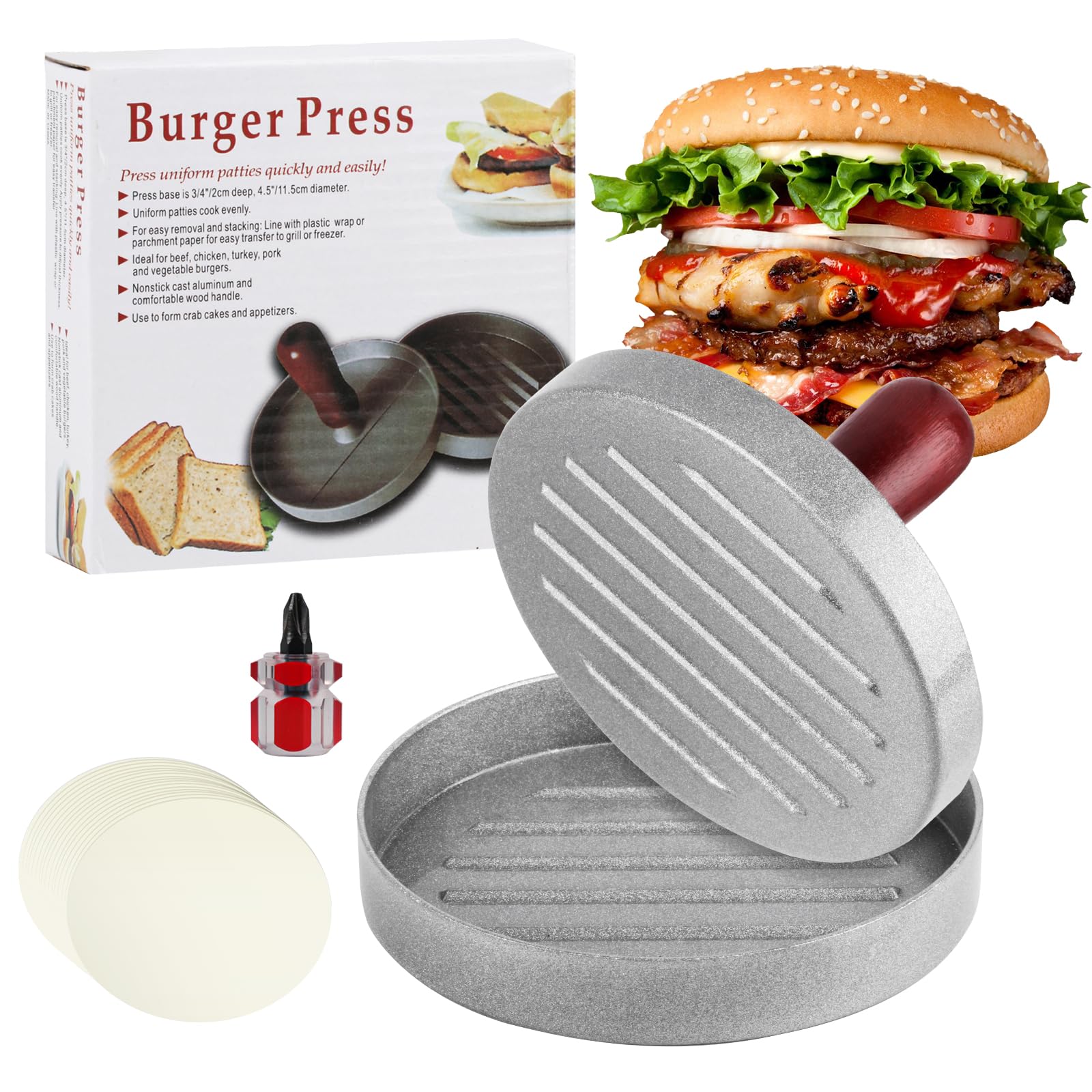 Hamburger Patty Mold, Hamburgerpers, Hamburgerpasteitjesmaker met antiaanbaklaag, ronde vormen, afneembaar handvat met 100 vel oliepapier, ideaal voor varkensvlees, vlees, vis