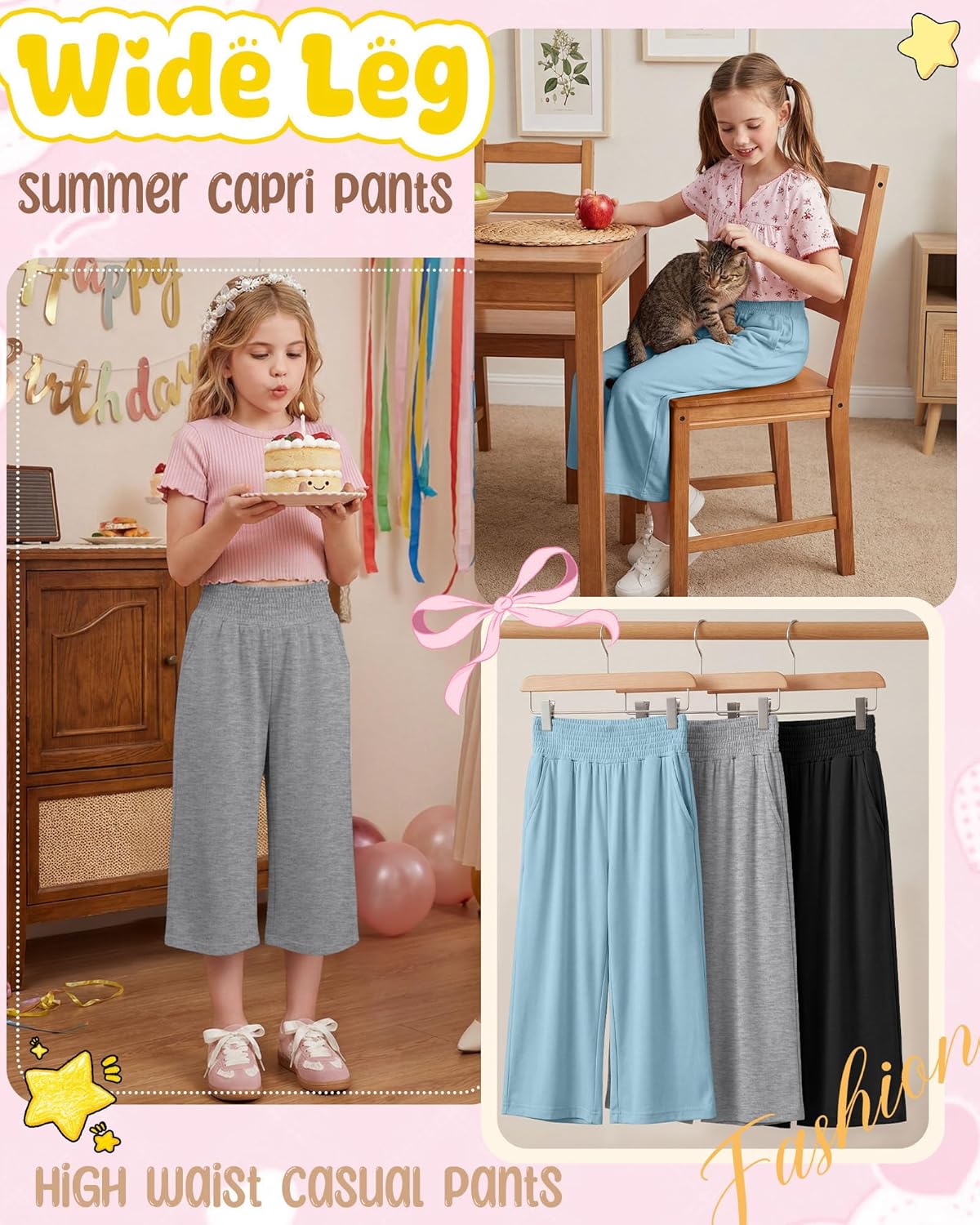 3 Pack Girls Capris Summer Capri Pants 5-14 Years Wide Leg Elastic Waist Cropped Pants Loose Sweatpants with Pocket