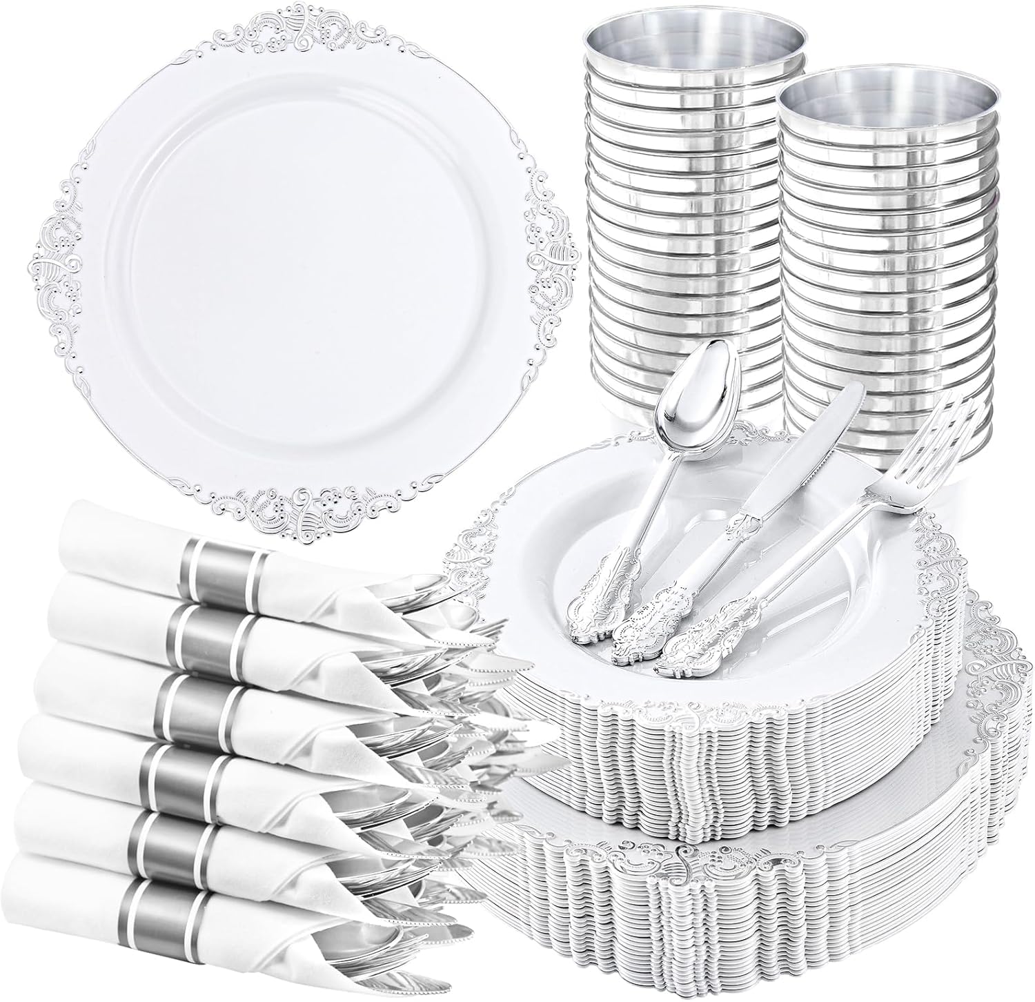 Blue & Silver Plastic Plates - 175 Piece Set -19