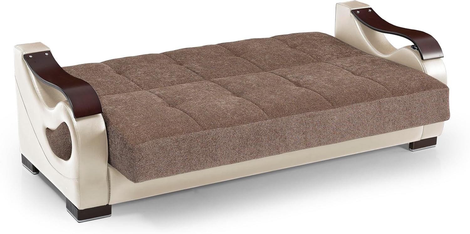 Ottomanson Convertible Sofa Bed Futon Couch with Hidden Storage & Click-Clack Sit-Sleep Conversion – Firm Support Sleeper Sofa for Living Room, Apartment & Guest Room, Brown/Cream