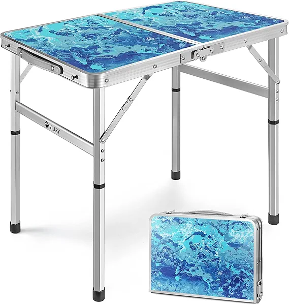 VILLEY Folding Camping Table 2FT, Portable Small Picnic Table with Adjustable Height, Lightweight Aluminum Foldable Table Small Folding Table with Carry Handle for Outdoor Indoor BBQ Hiking 