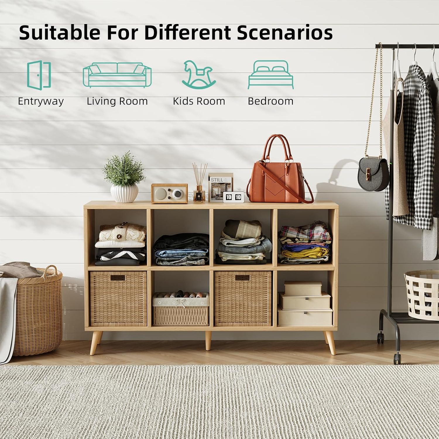 8 Cube Storage Organizer, Mid-Century Modern Wooden Bookcase with 5 Solid Wood Legs, Horizontal Cubby Bookshelf Fits 11 Inch Bins, Versatile Console TV Stand for Living Room, Kids Room, Natural