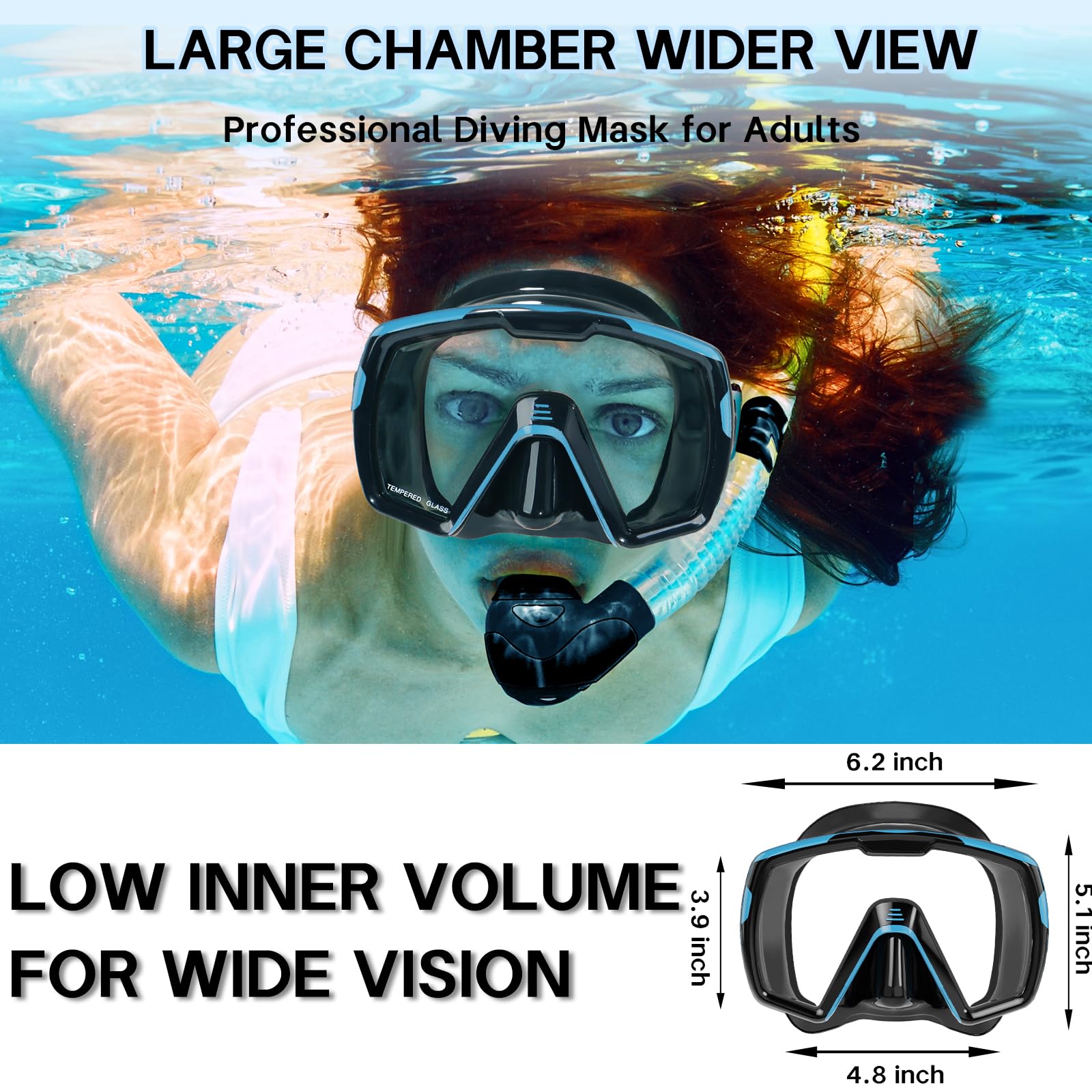 Maschera subacquea, occhialini da nuoto per adulti, uomini, donne e giovani, vetro temperato trasparente a 180°, occhialini da nuoto per piscina, occhialini da nuoto con copertura nasale, prova