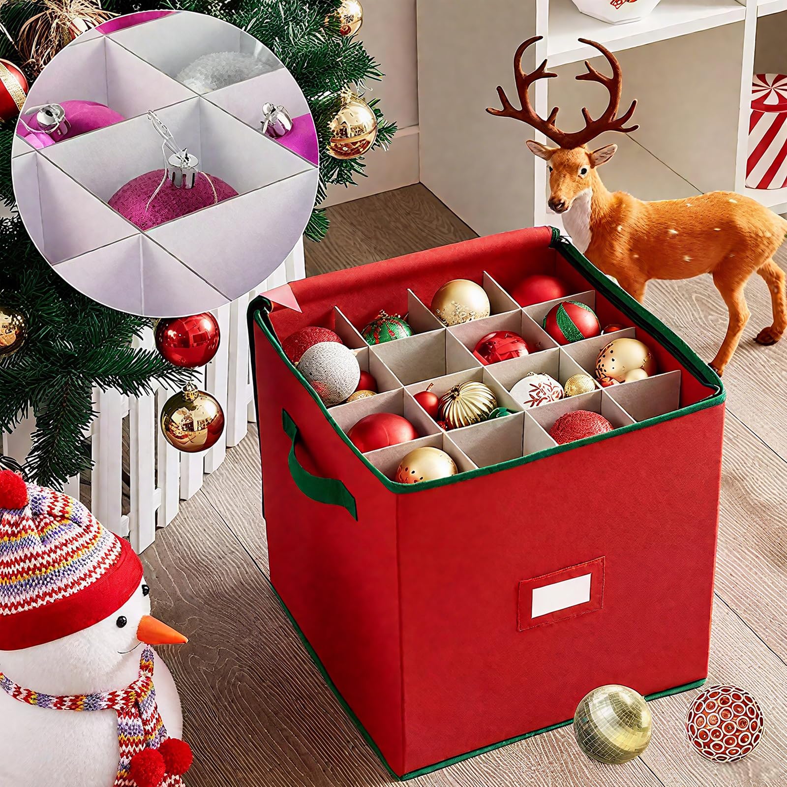 VITEVER Aufbewahrungsbox für Weihnachtskugeln mit Verstellbaren Trennwänden, Aufbewahrungstasche Weihnachten mit 4 Ebenen, Abnehmbar mit Griffen, 64 Kugel-Aufbewahrungsbeutel, 32x32,5x33cm