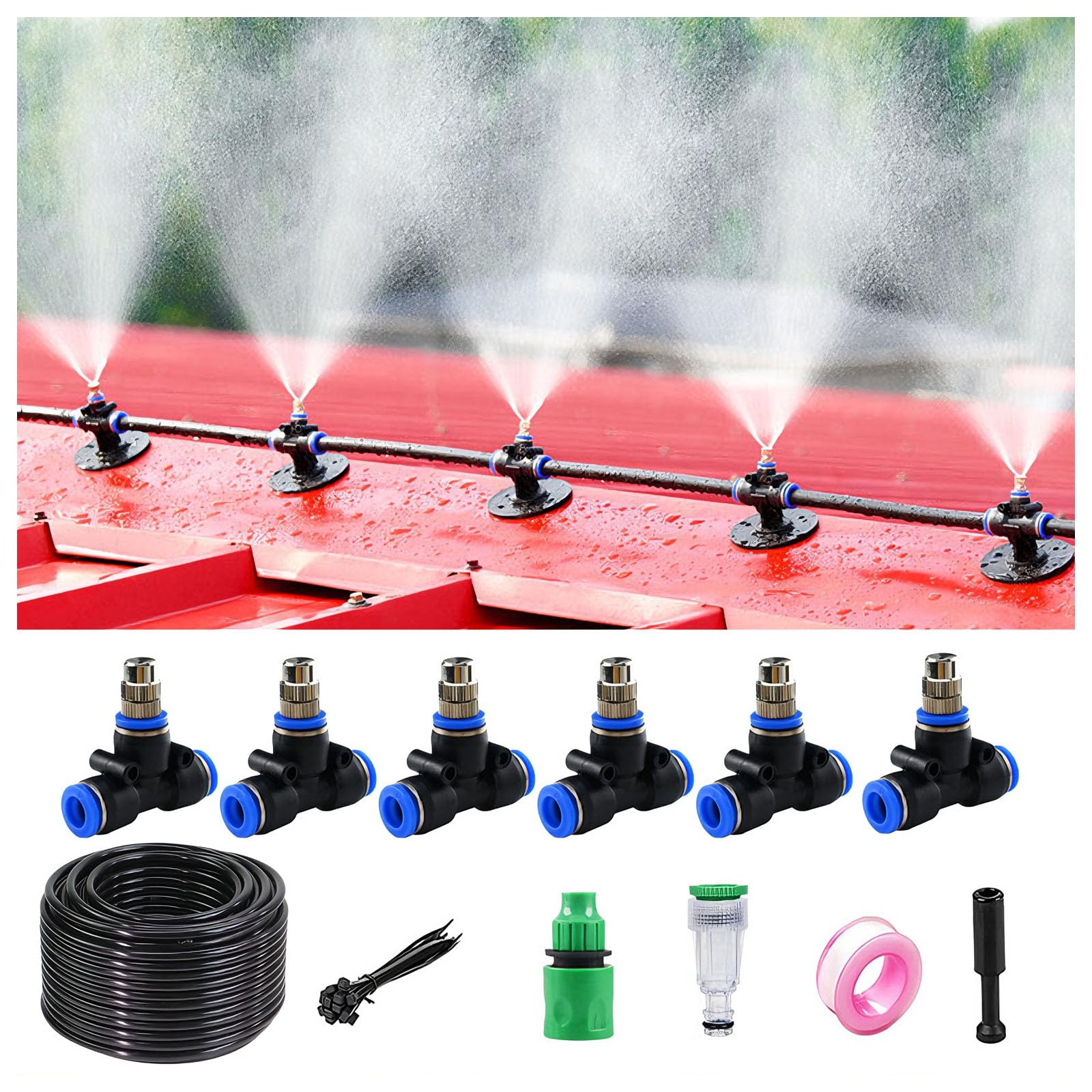 Kit de sistema de riego por goteo de conexión rápida, riego automático con tubería y boquillas atomizadoras para invernadero de huerto negro 50m 912 pipe + 50 sets of quick-connect fittings