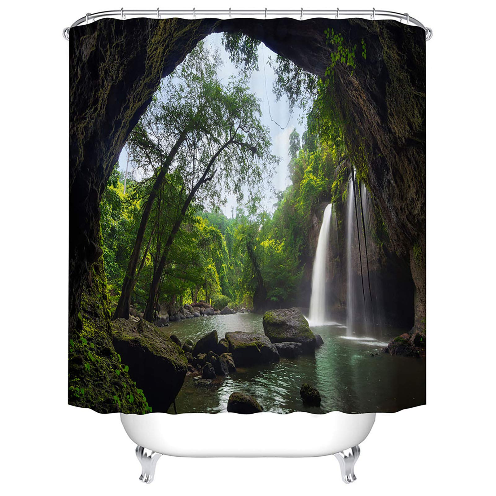 BOYOUTH Waterfall in the Jungle Pattern Digital Print Shower Curtain for Bathroom Decor,Polyester Waterproof Fabric Bath Curtain with 12 Hooks,70x70 Inches,Multicolor — image 1