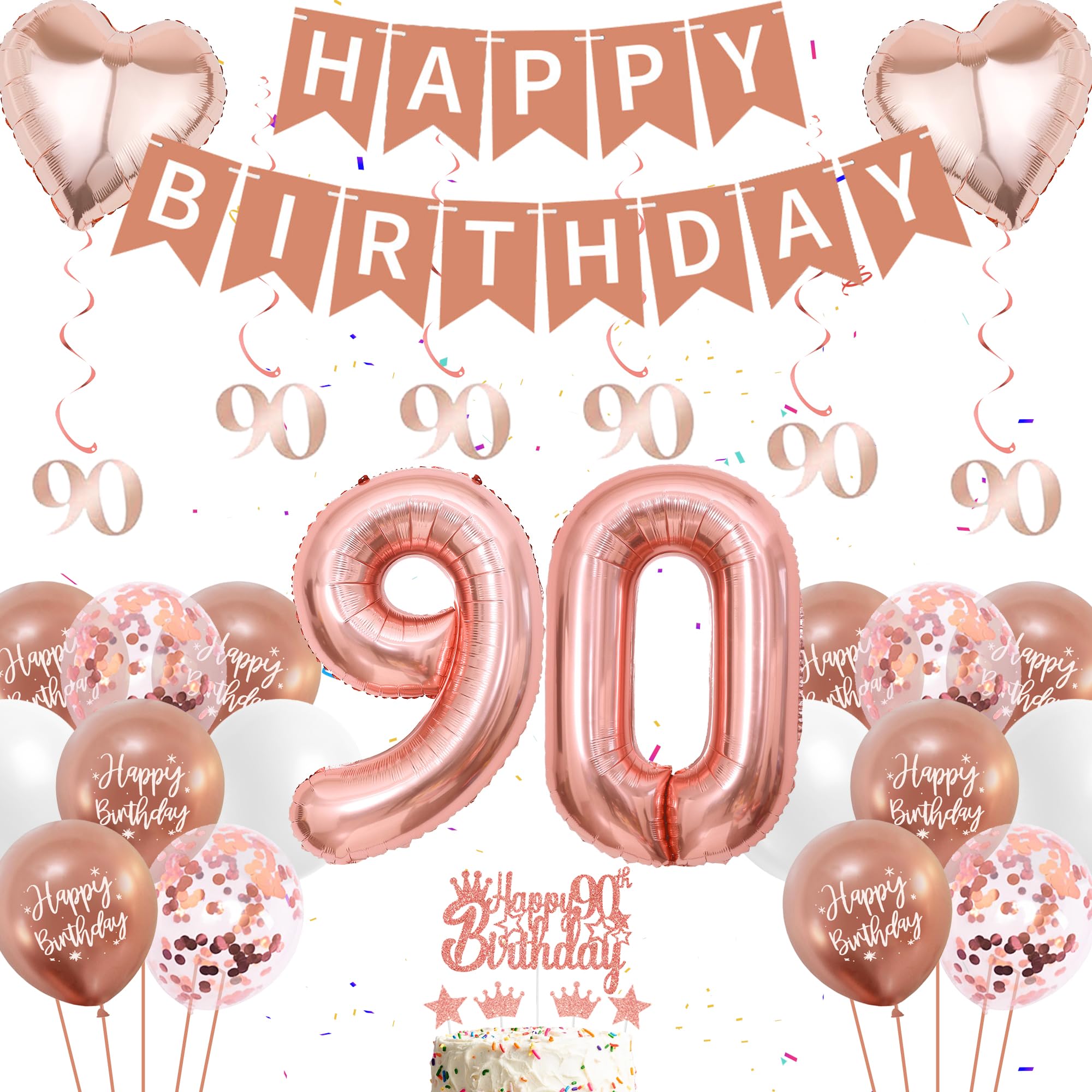 90th Birthday Party Decorations Women - 44 Pieces Rose Gold Birthday Party Decoration, 90 Banner Hanging, 90th Foil Balloons, Happy Banners, Heart Balloon, Cake Topper for Womens 90 gift Supplies
