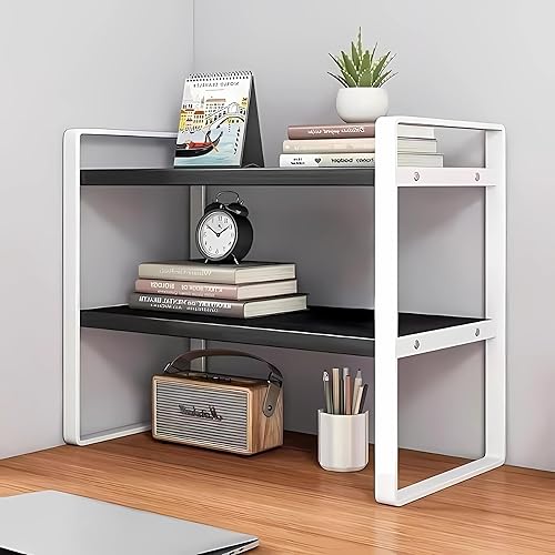 Miniatura 1 de Hbluefat Estante organizador de escritorio, 2 niveles, multiusos, de madera, estante de almacenamiento de escritorio de oficina, estantería de