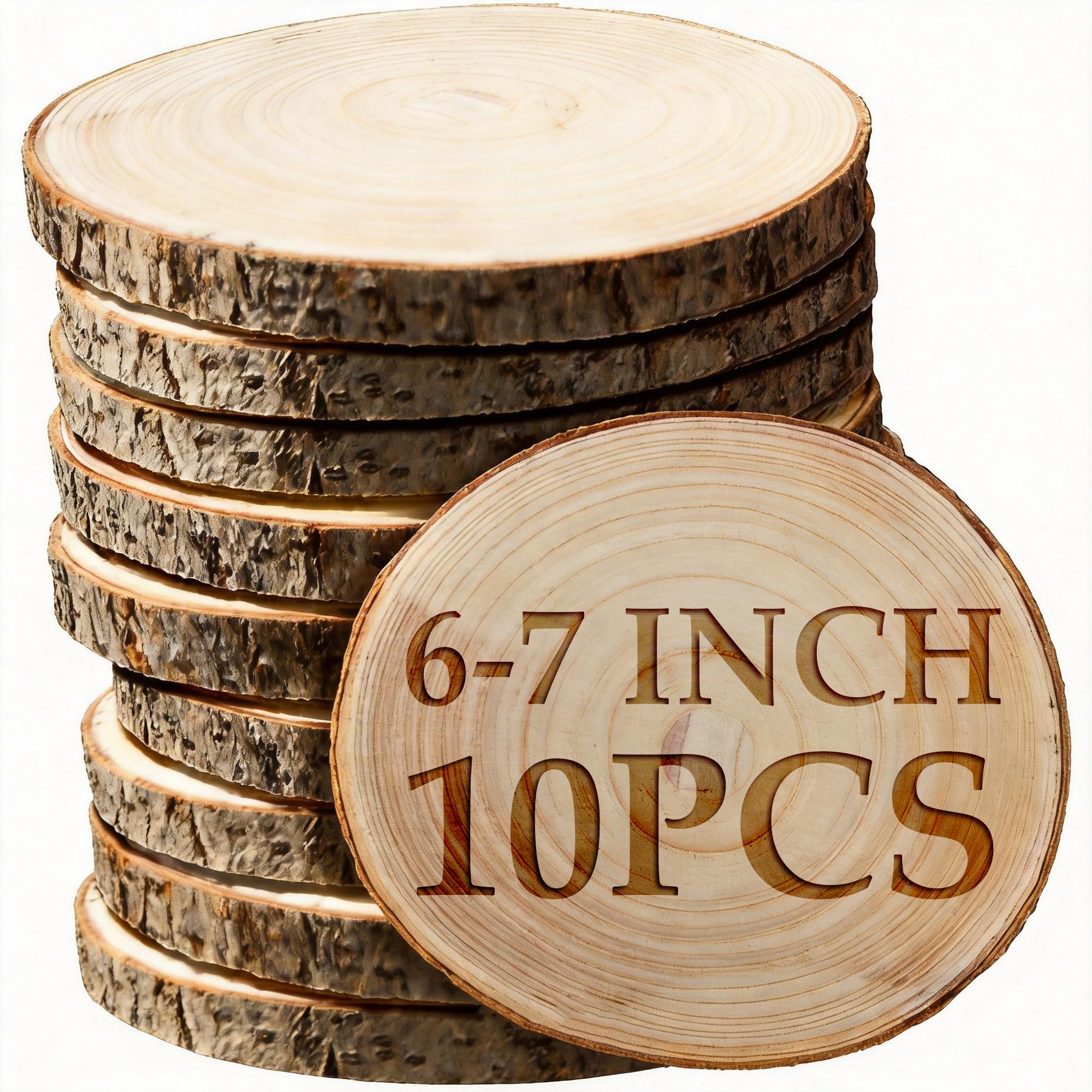 Photo 1 of Wood Slices for Centerpieces,Large Wood Slices 10 Pcs 6-7 Inches Natural Paulownia Wood Rounds Natural Wood Slices,Wood Slabs for Weddings Centerpieces Decor and DIY Painting Crafts(6-7 inch 10 Pcs)