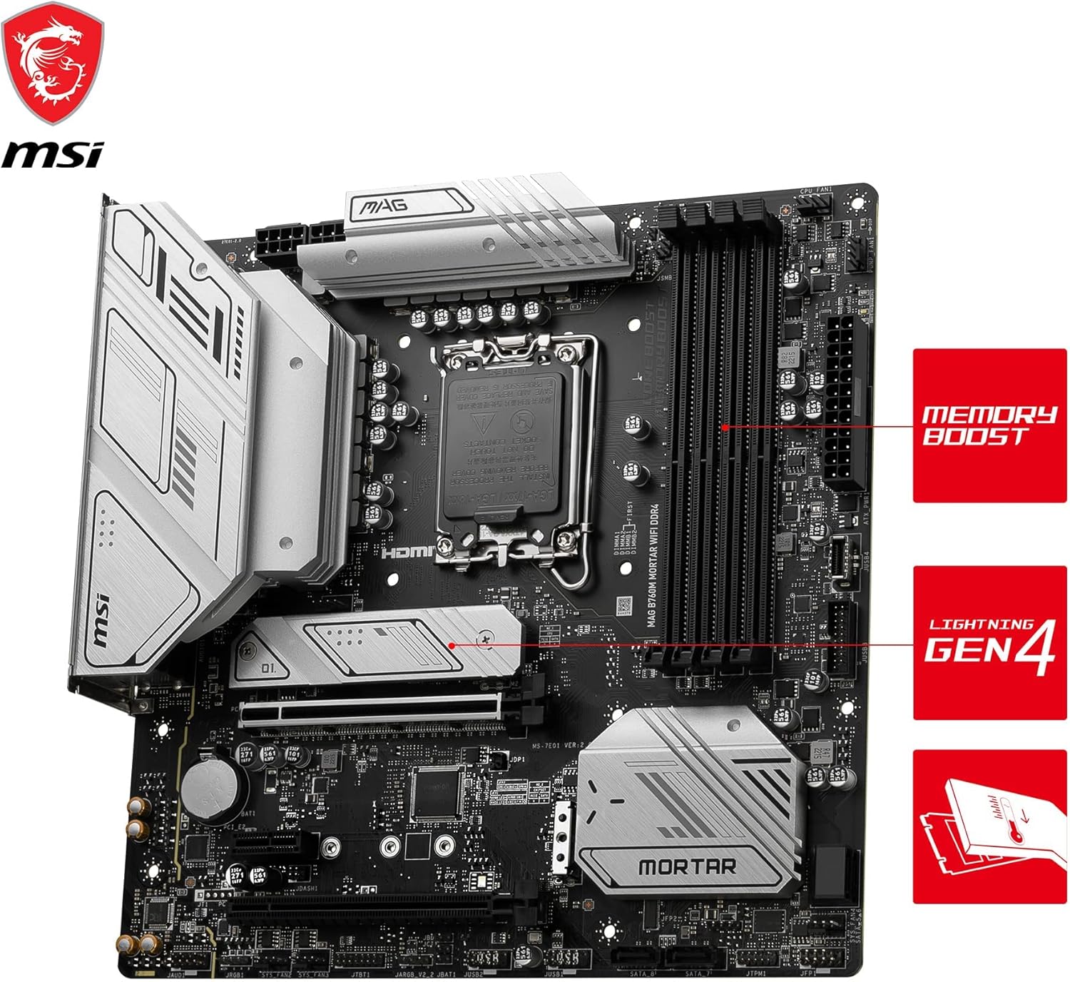 MSI MAG B760M MORTAR WIFI DDR4 Scheda madre, Micro-ATX - Supporta processori Intel 12th e 13th Gen Core, LGA 1700 - 75A DrMOS VRM, DDR4 Memory Boost 5333+MHz/OC, PCIe 5.0 x16, M.2 Gen4, Wi-Fi 6E
