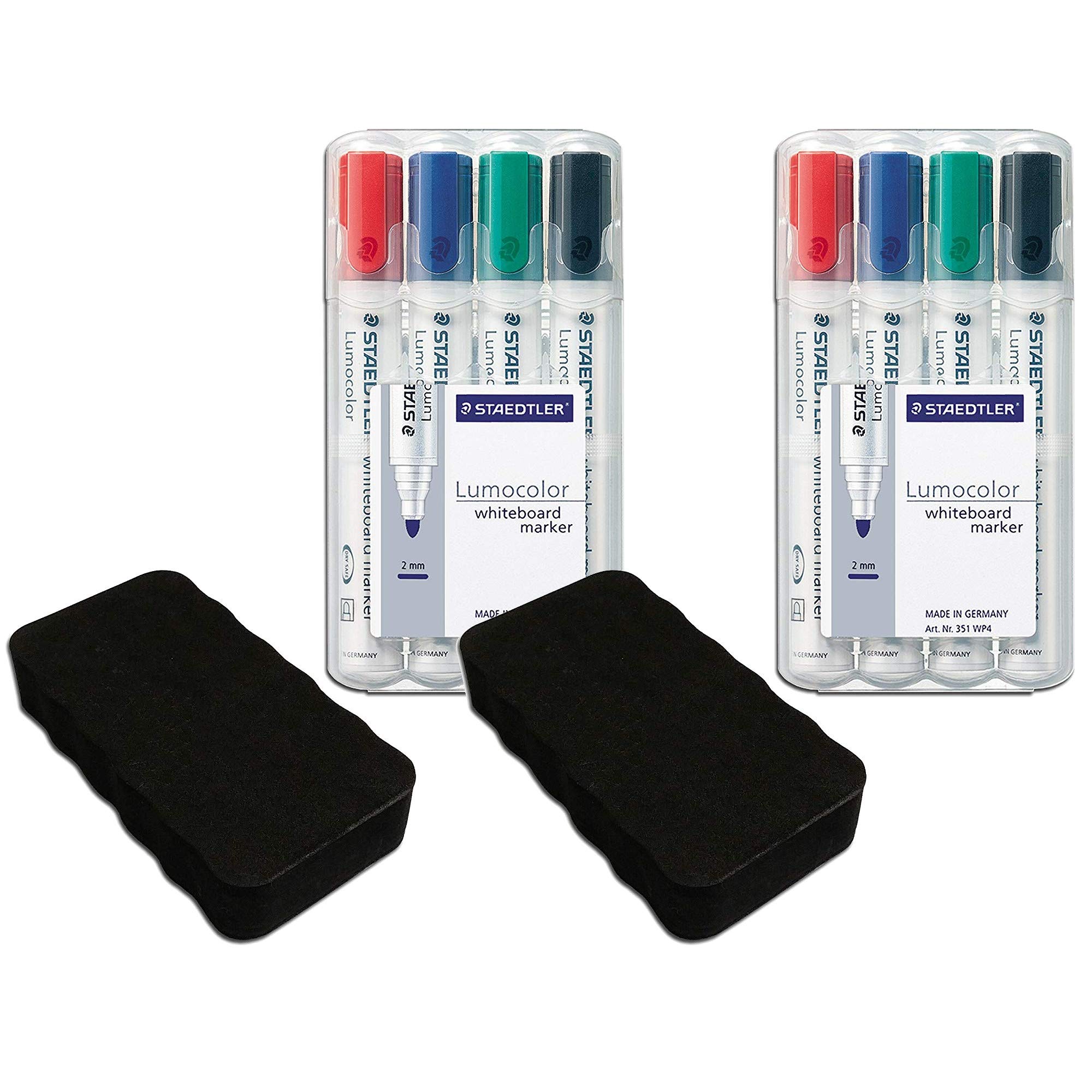 Staedtler Lumocolor 351 WP4 Rotuladores para pizarra blanca, 4 unidades, en caja desplegable con borrador (rotuladores + borrador negro, 2)