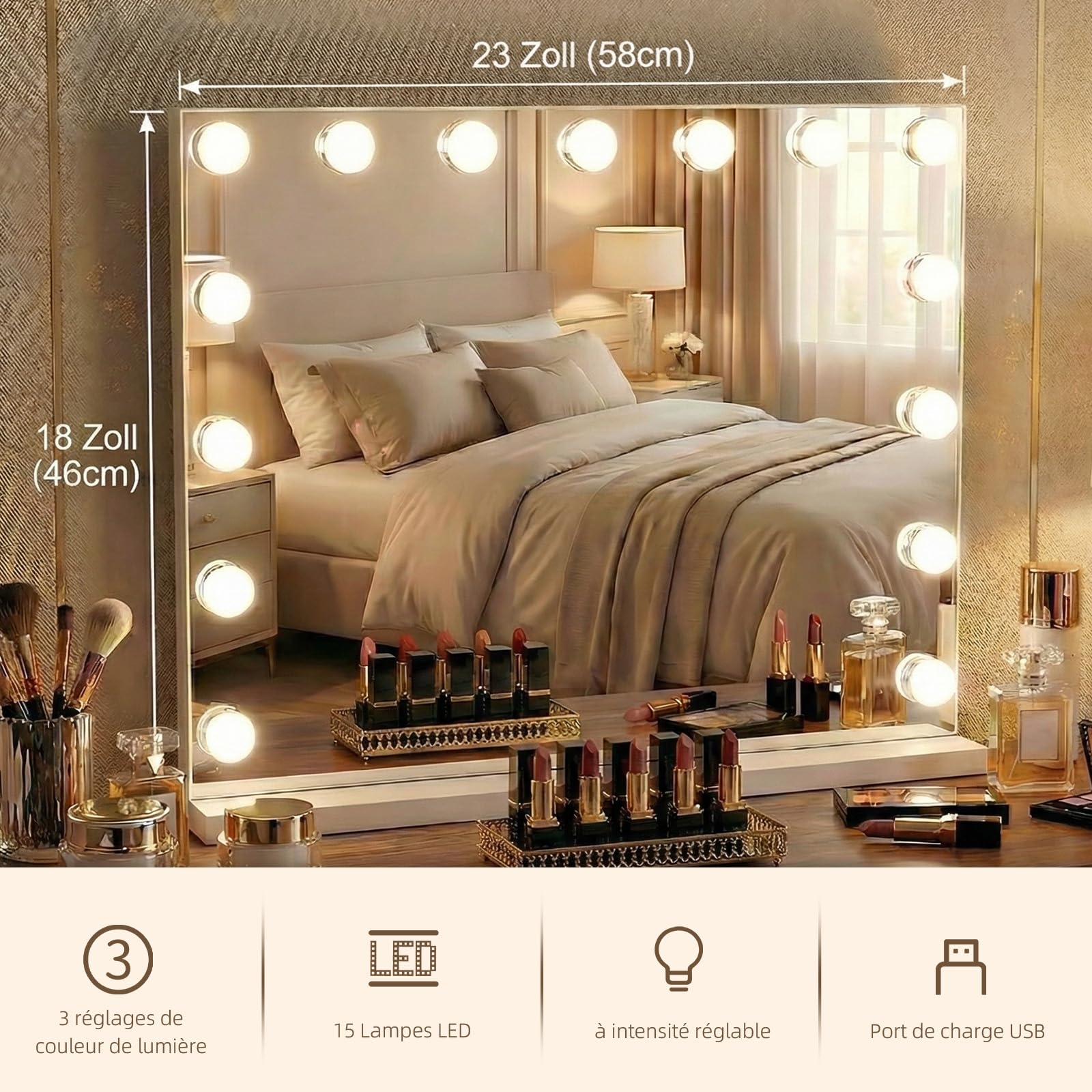 Miroir Coiffeuse de Maquillage 58×46 cm, LED 15  Lampes Super HD Makeup Mirror Hollywood avec Grossissement ×10, 3 Couleurs de Lumière Intensité Réglable, Port USB–pour Femmes et Filles
