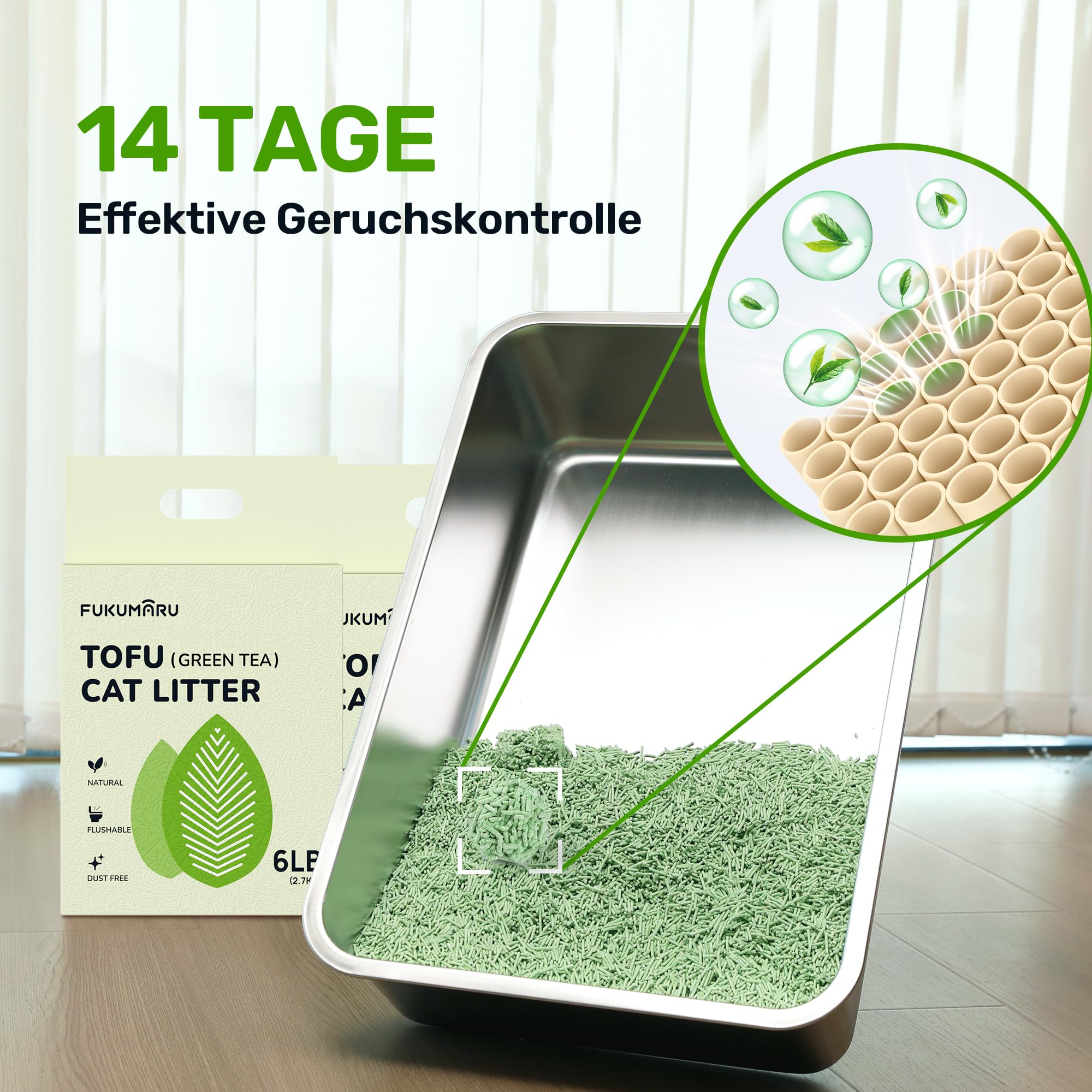 FUKUMARU Tofu Katzenstreu 10,8 kg - Klumpendes Katzenstreu, Geruchsbekämpfung mit grünem Teearoma, staubfrei und leicht klumpend, spülbar in der Toilette.